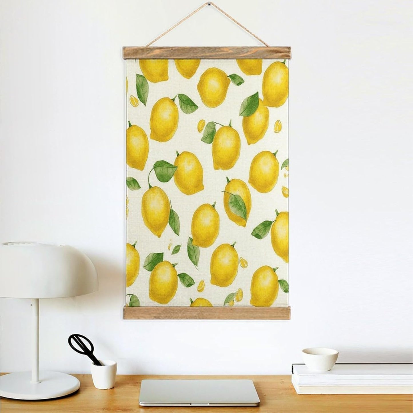 Vintage Yellow Lemon Poster with Wooden Frame Personalized Linen Hanging Scroll Painting Rustic Wall Hanging Illustrative Modern Artwork Decor for Home Living Room Bedroom Office