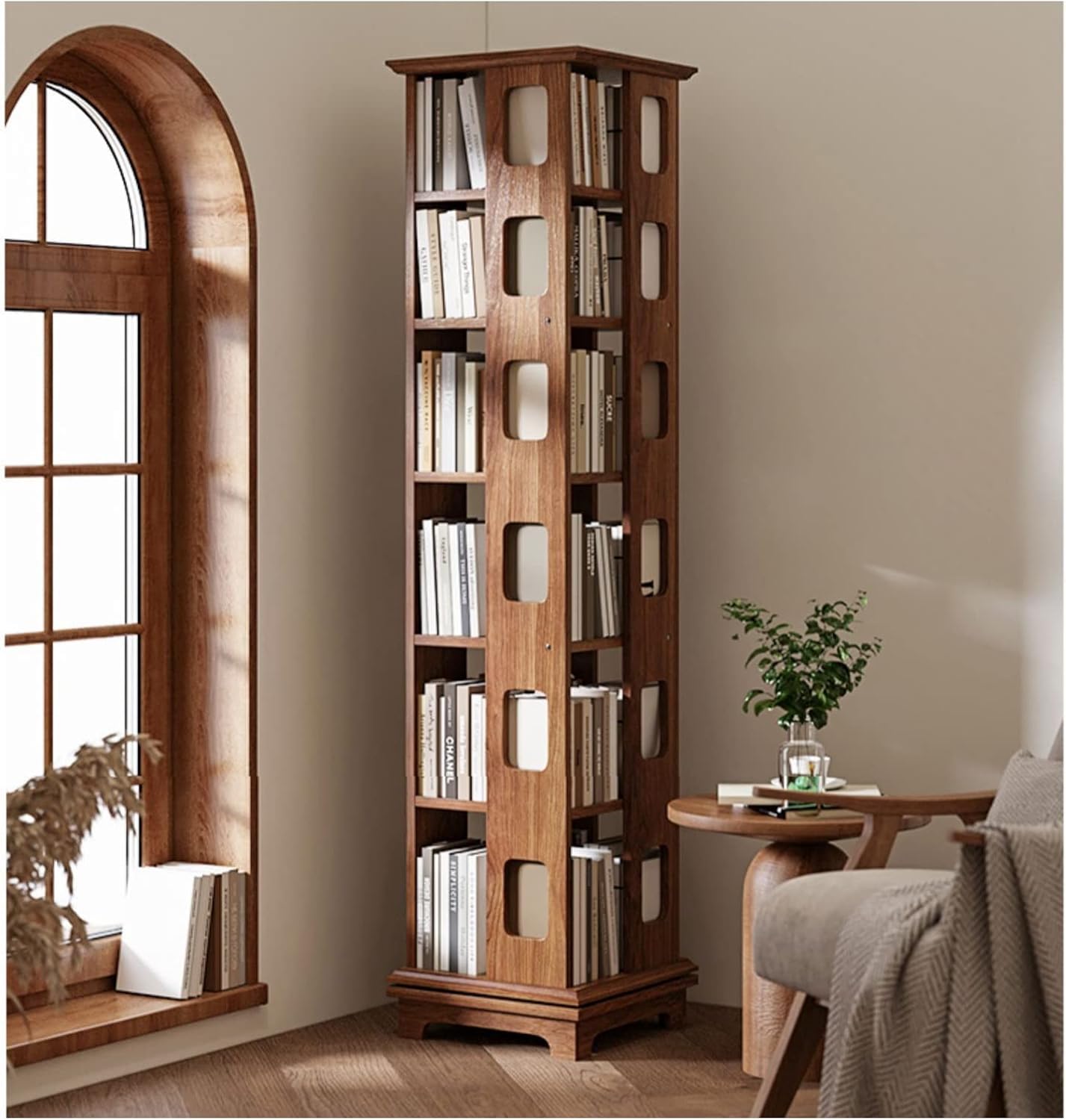 Solid Wood Rotating Bookshelf 360-degree Bookcase, Simple Space-Saving Creative Small Shelf for Living Room MINGPING (Color : 44x44x125cm Walnut Color) (44x44x186cm Log Color)