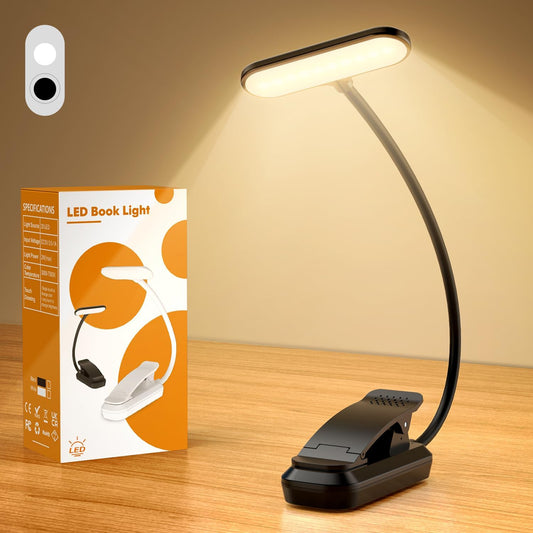 20 Led Book Light Clip On, USB Rechargeable Reading Light, Eye Caring 3 Color Temperatures, Adjustable Brightness, Portable, Sturdy Clamp Light Suitable for Traveling and People Studying Etc.