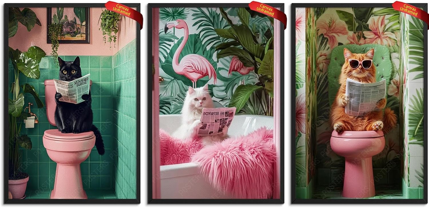 Funny Black Cat Orange Cat Toilet Art Bathroom Tropical Print White Print Reading Posters Animal Canvas Wall Art For Toilet Room Decor Aesthetics Set of 3 12X16 in Unframed