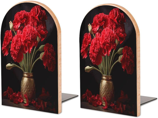 Romantic Carnation Wooden Bookend Non-Slip Book Ends Heavy Duty Book Stopper with Metal Base Books Holderd Decorative Bookends Stands Firmly for Office Supplies