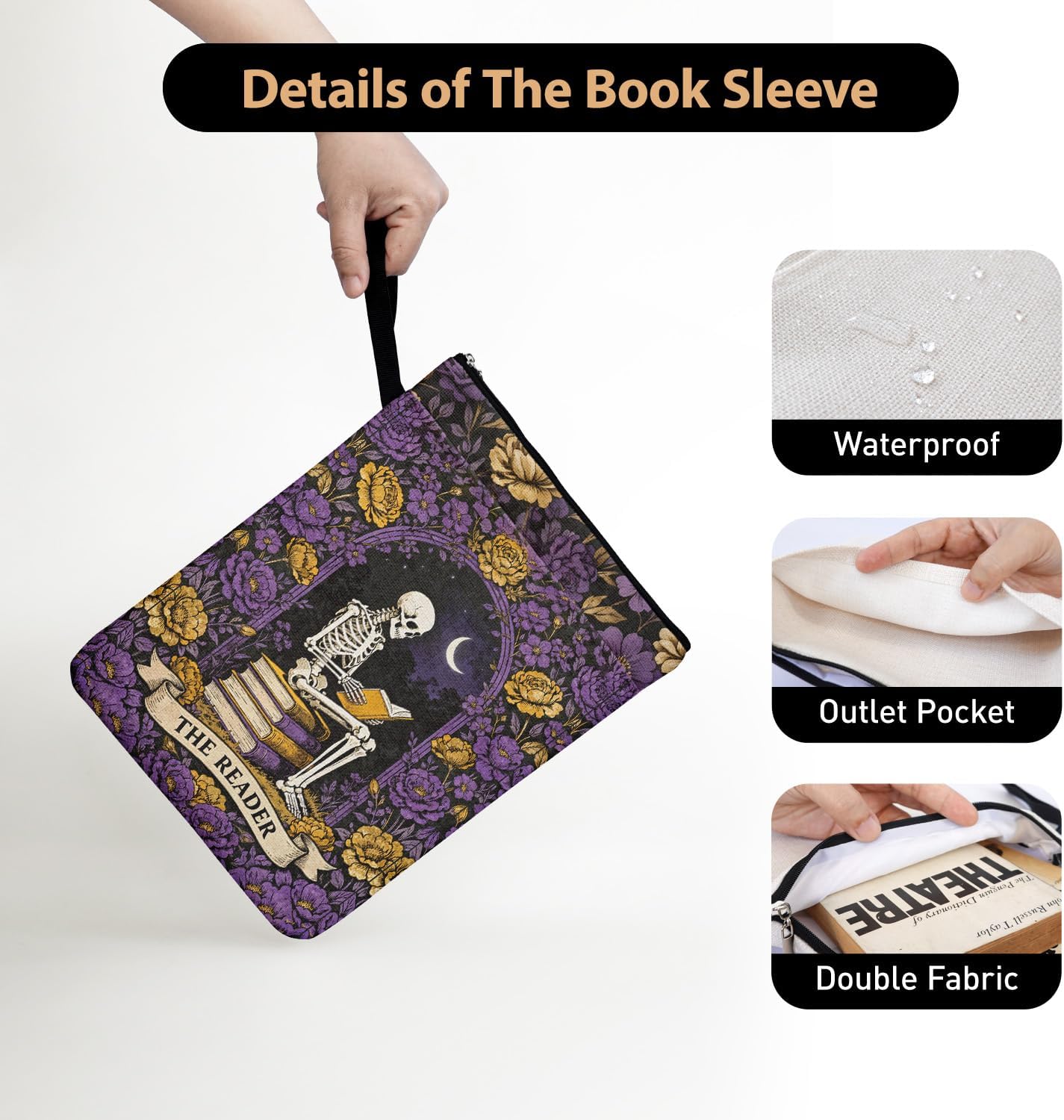 Gothic Skeleton Purple Garden Book Sleeve Pouch for Book Lovers, Fantasy Novel Reader Gifts for Reader Writer, Tarot Bookcovers Protector for Paperbacks with Handle, Reading Accessories for Student
