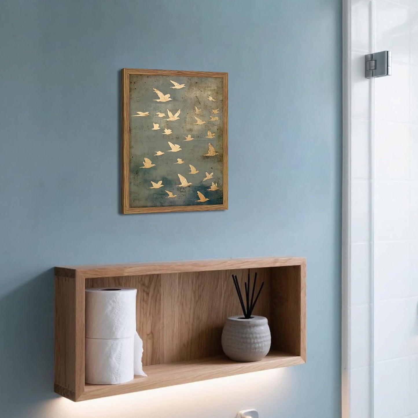 Framed Flock of Birds Canvas Wall Art, Vintage Minimalist Abstract Landscape Painting, Neutral Gold Birds Spiritual Wall Decor, Modern Aesthetic Pictures for Bedroom Living Room 8x10 inch