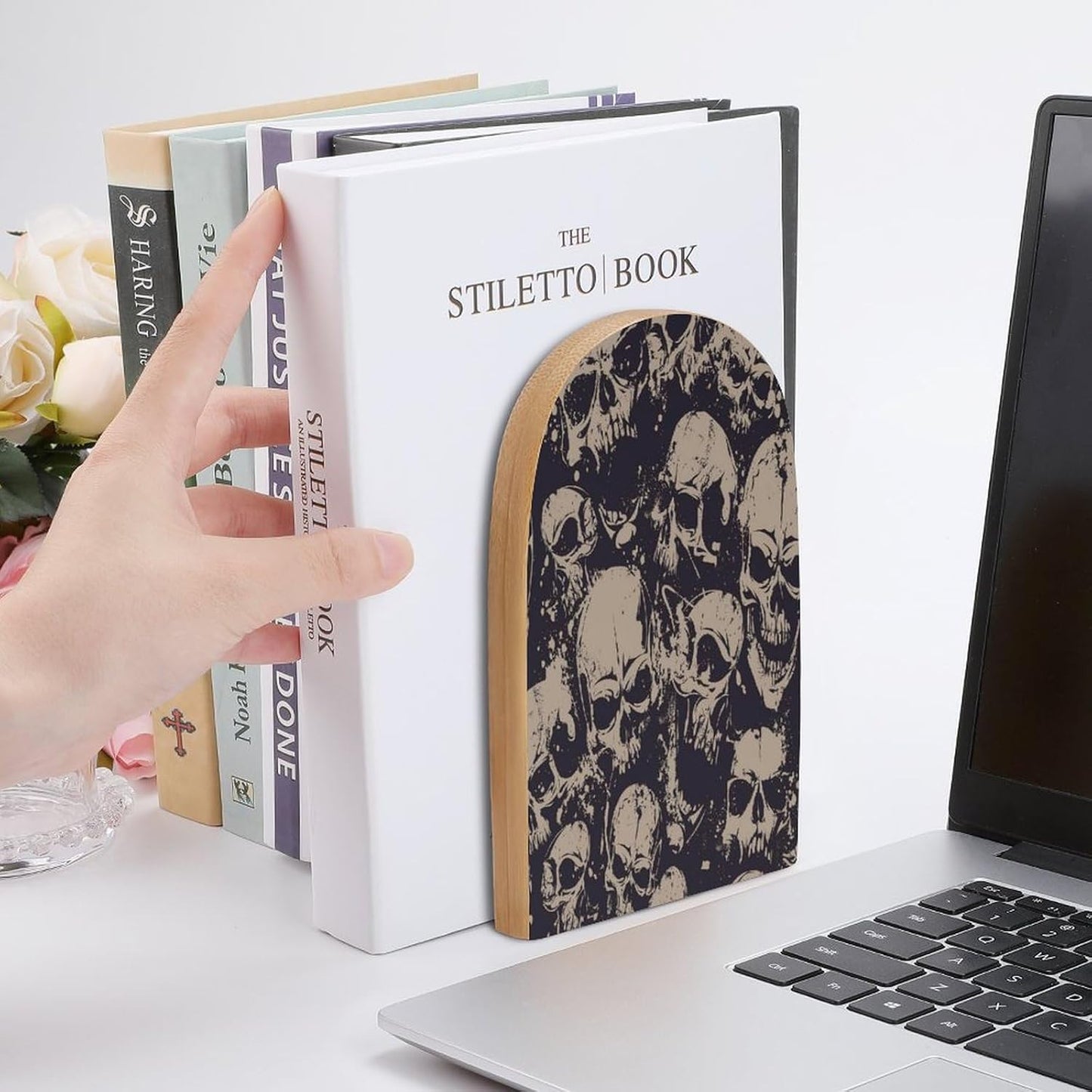 Many Skulls Get Together Wooden Bookend Non-Slip Book Ends Heavy Duty Book Stopper with Metal Base Books Holderd Decorative Bookends Stands Firmly for Office Supplies