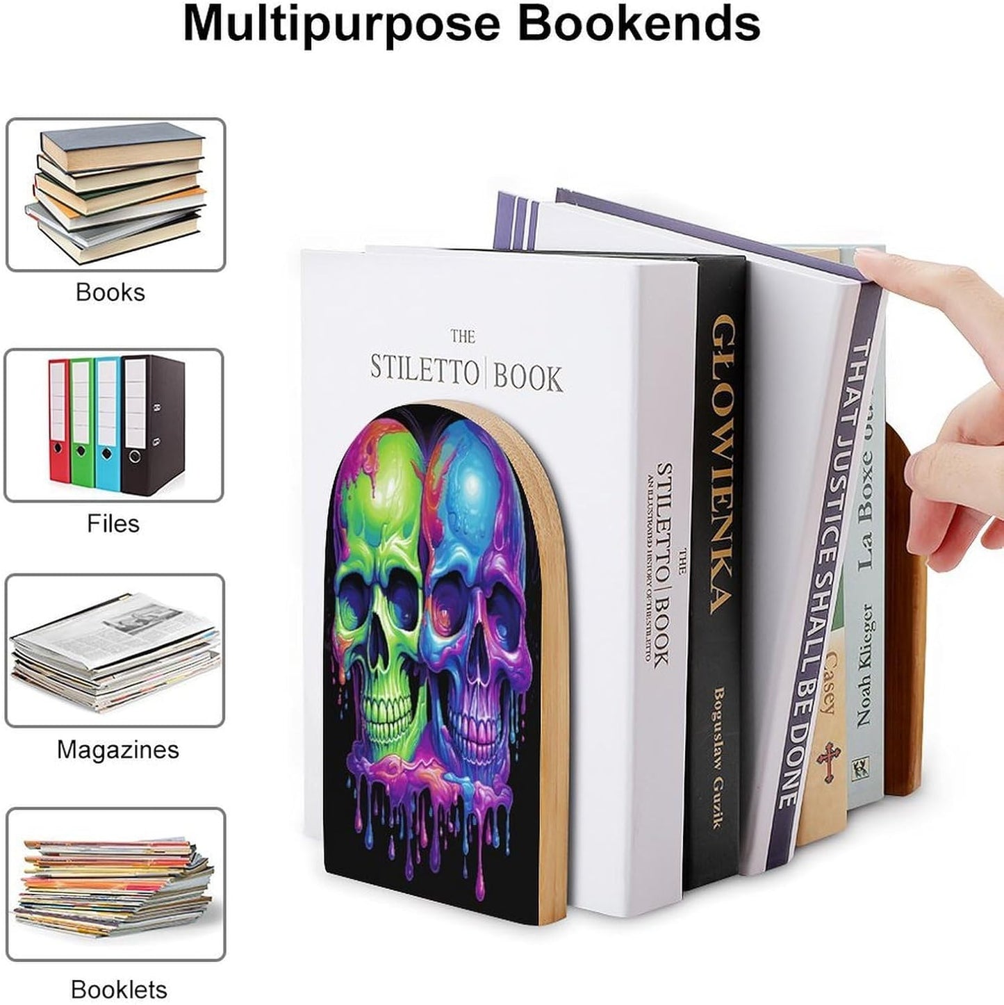 Two Colorful Skulls Bookend for Shelves Wooden Book End Large Size Sturdy Book Holders Stoppers with Metal Base for Bookshelves Slick Decorative Bookends Stands