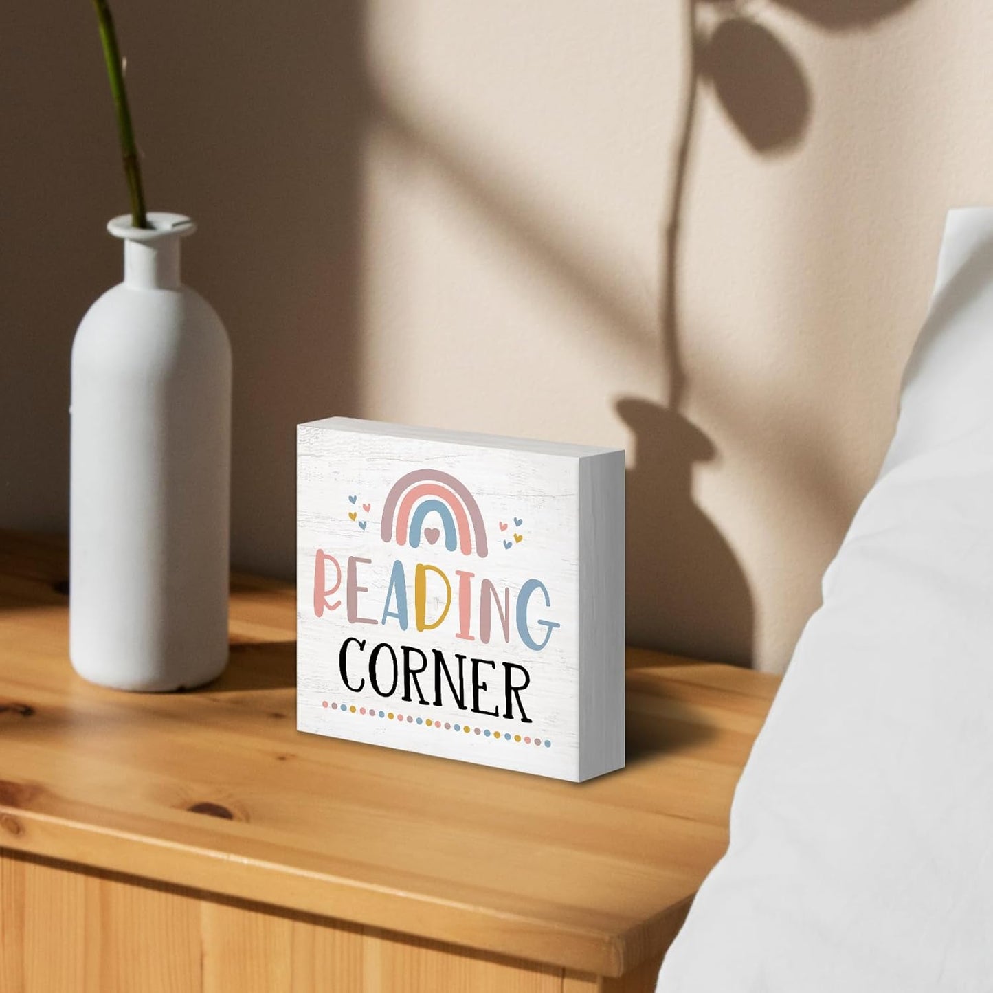 Reading Corner Wood Box Sign Desk Decor 5x5, Reading Nook, Boho Classroom Decor, Book Lover Gift Wooden Block Sign Decorations for Nursery Library Playroom Bookshelf Room Wall Tabletop Shelf