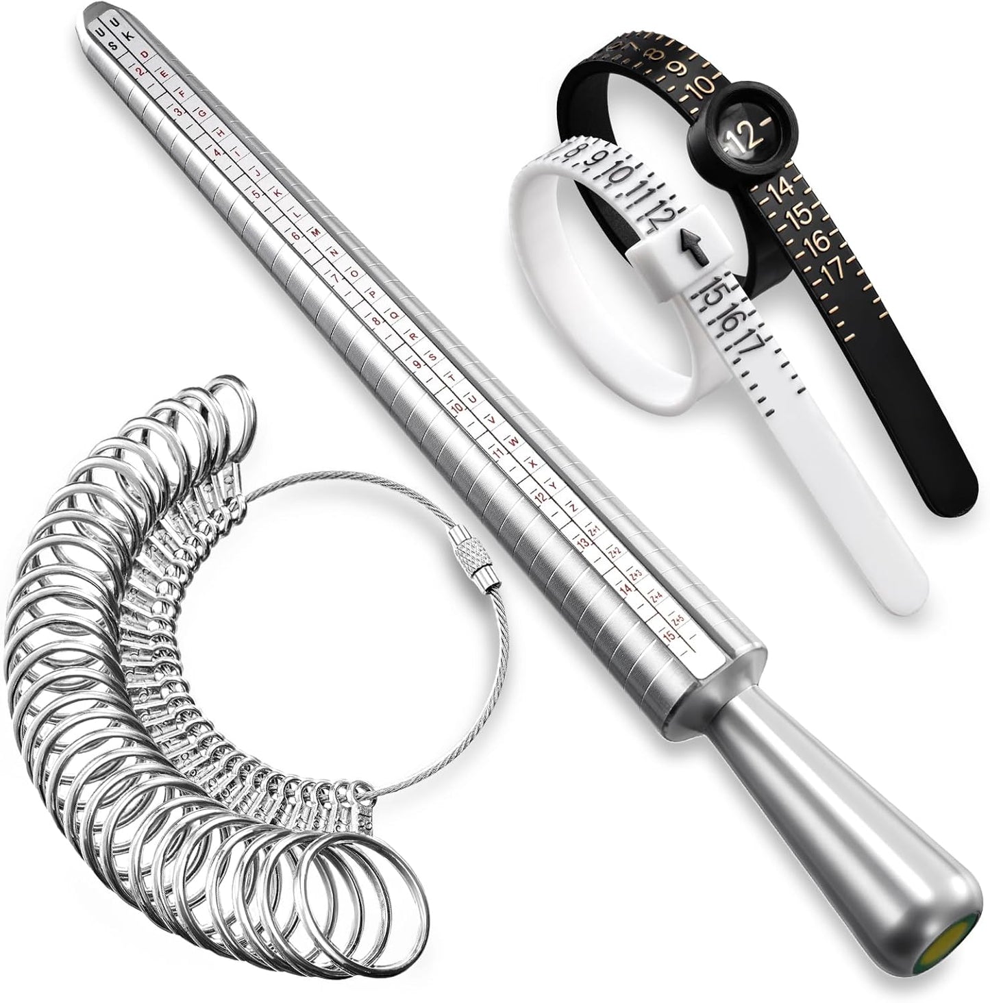 Meowoo Ring Sizer Measuring Tool Set, Ring Gauges with Finger Sizer Mandrel Ring Sizer Tools for Jewelry Sizing Measuring, 4 pcs, Silvery