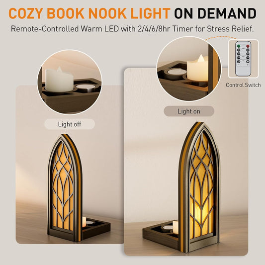 Solid Wood Fantasy Book Nook Shelf Insert - Handcrafted Bookends with Remote Control & Timer, Magical Moroccan Bookshelf Decor Night Light, Unique Gifts for Book Lovers Readers