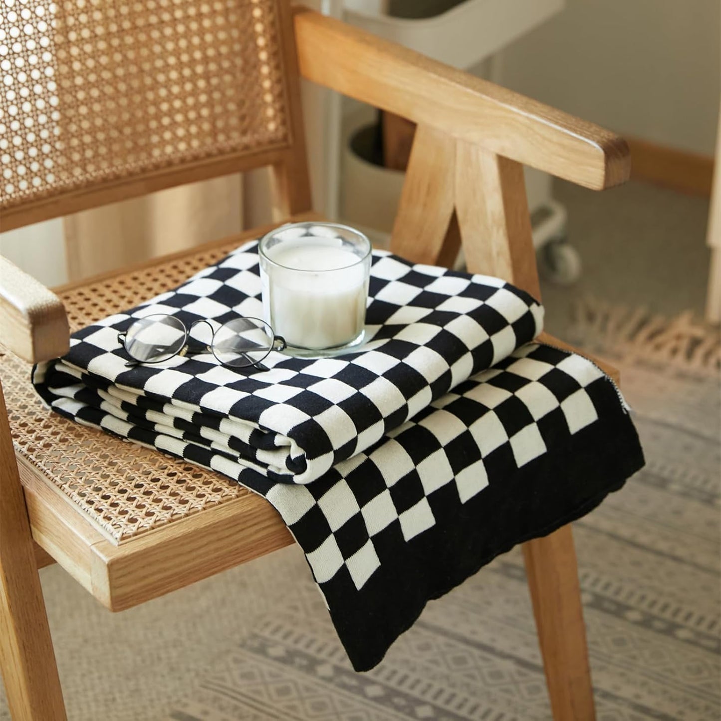 YIRUIO 100% Cotton Checkered Throw Blanket Lightweight Breathable Ultra-Thin Knit Weave for Bed Couch Sofa Soft Cozy Cooling for Spring Summer Black 60x80 inch