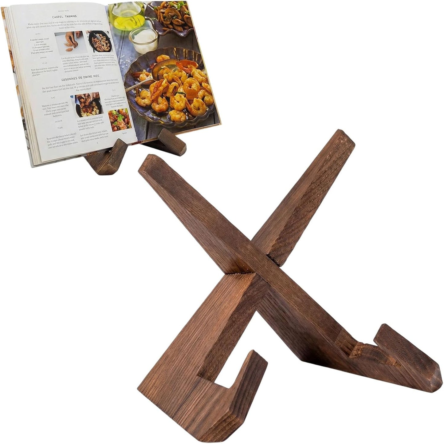 Wooden Cookbook Stand, Adjustable Recipe Book Holder with Cross-Frame Design, Multipurpose Display Easel for Kitchen Counter and Desktop Reading (Rustic Brown)