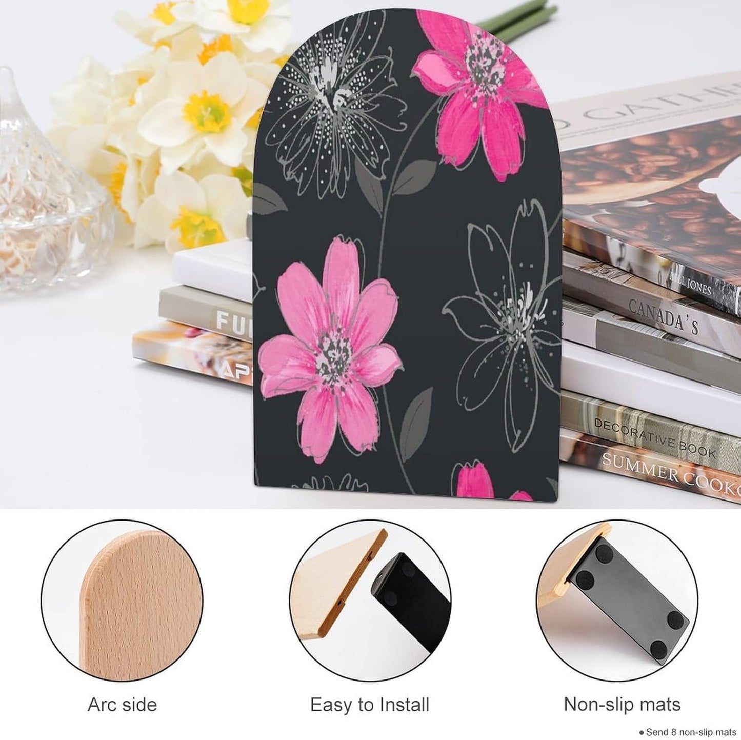 Pink and Black Flower Wooden Bookend Non-Slip Book Ends Heavy Duty Book Stopper with Metal Base Books Holderd Decorative Bookends Stands Firmly for Office Supplies