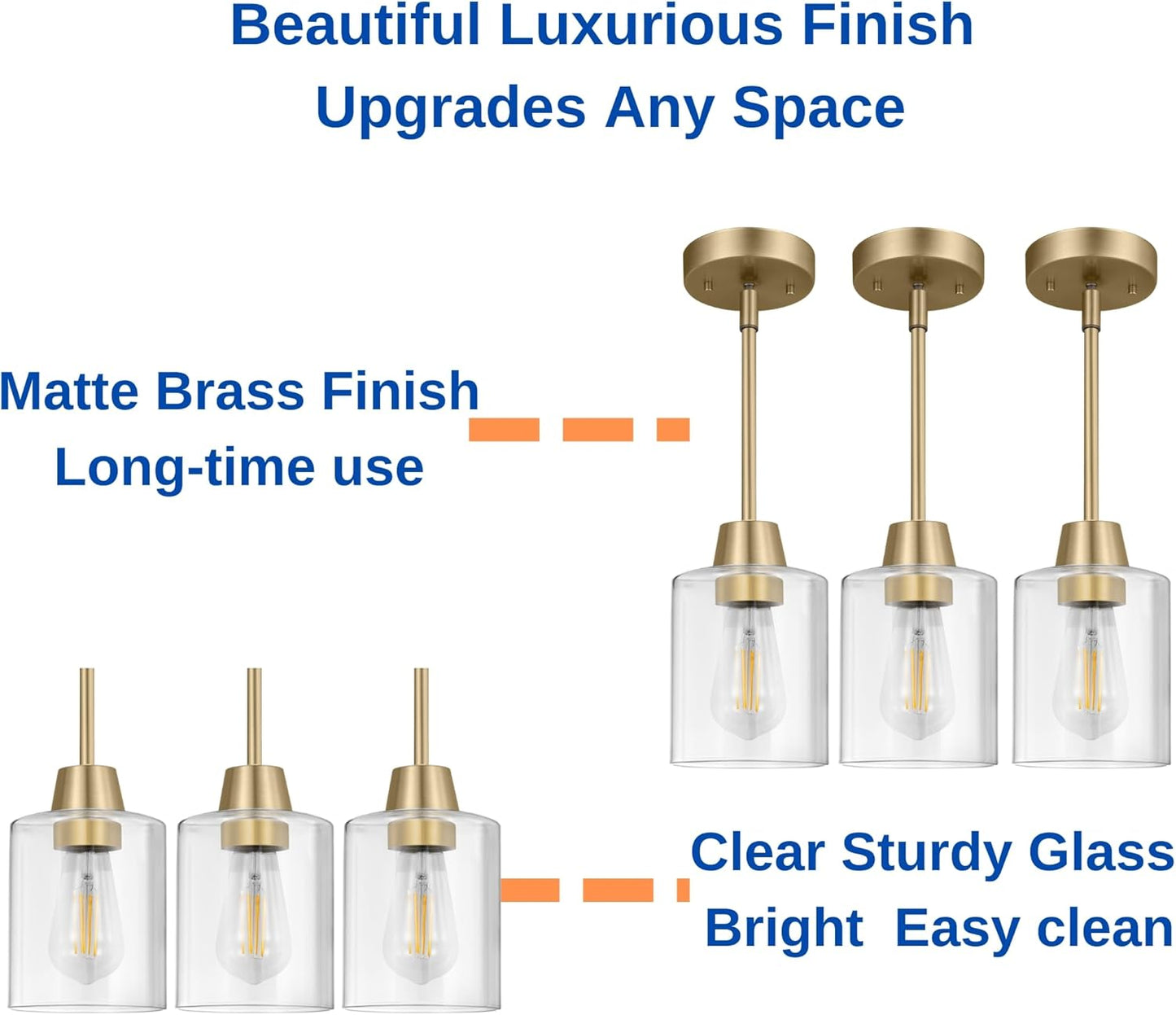 3 Pack 1 Light Brass Pendant Lights Kitchen Island, Gold Modern Chandelier Clear Glass Shade, Adjustable Multiple Stems Rods Hanging Farmhouse E26 Socket Light for Dining Room Bedroom Bar
