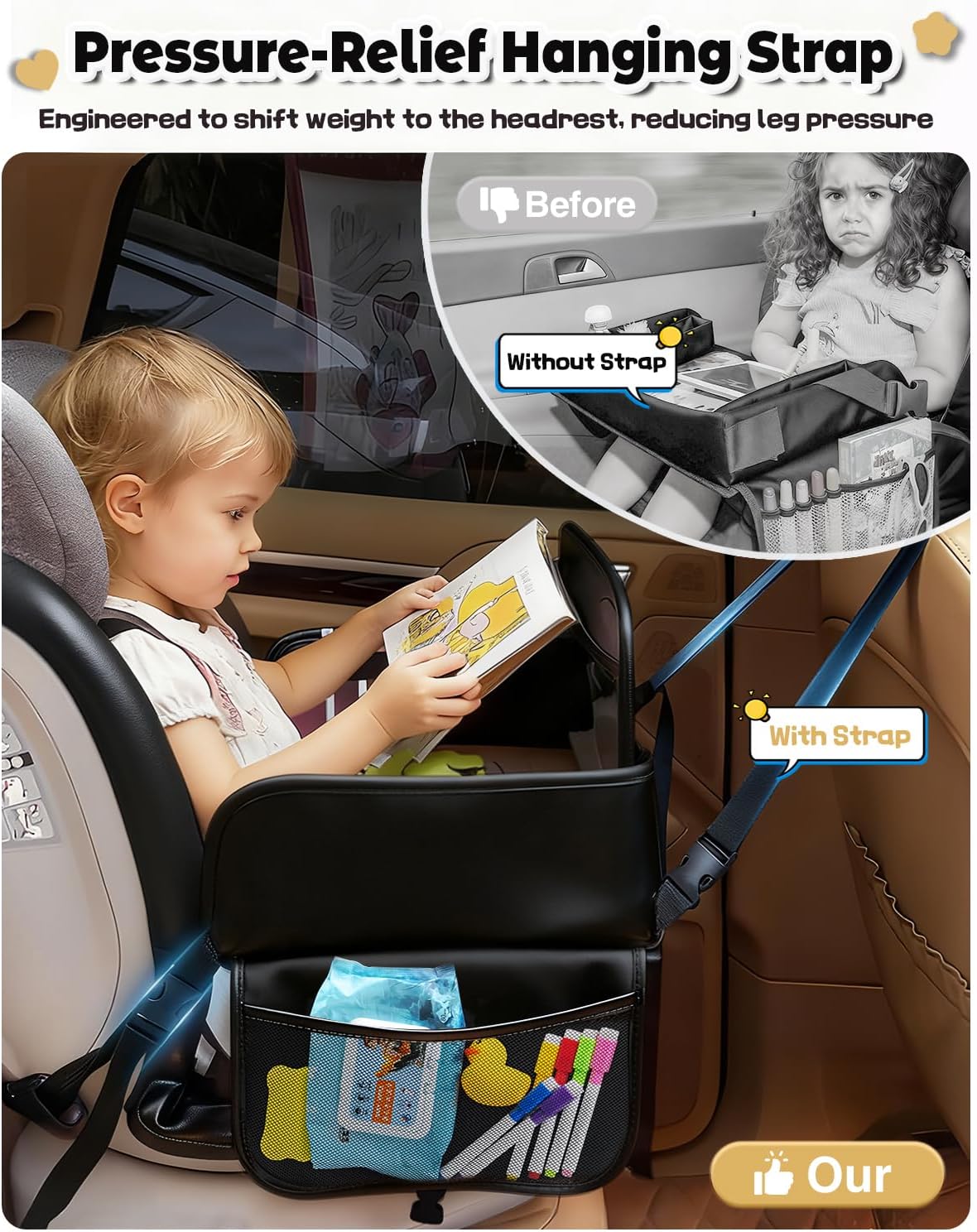 Leather Kids Travel Tray for Car - Car Seat Tray for Kids Travel, Road Trip Essentials, Carseat Table for Roadtrip Activities - Must Have Toddler Lap Desk Organizer for Airplane (Black)