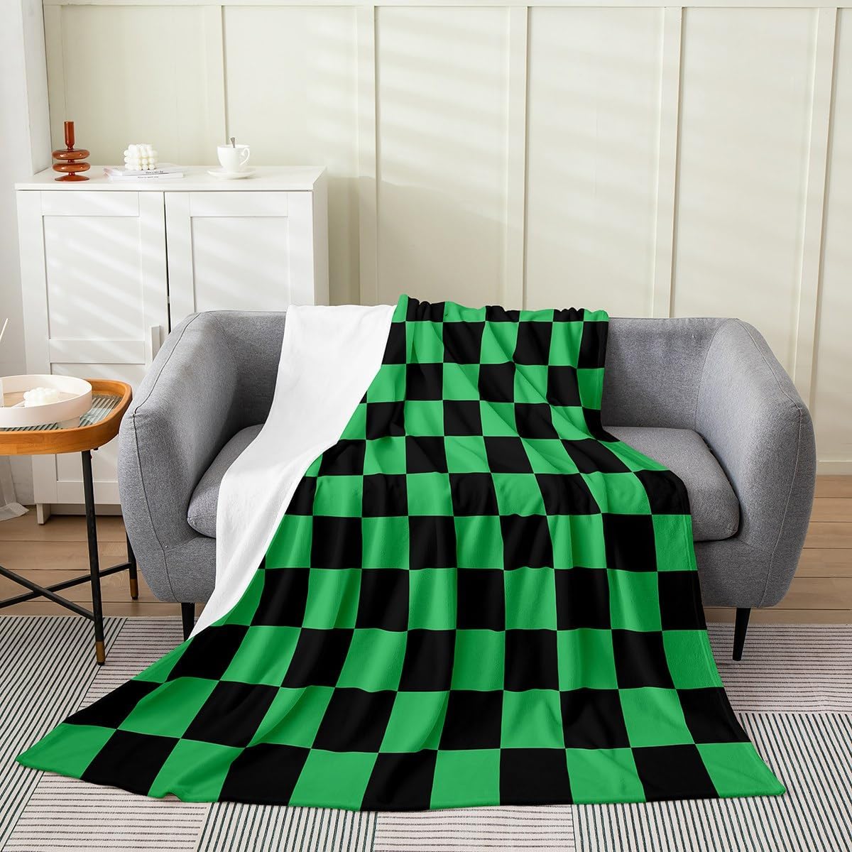 Checkered Teen Women Men Green Black Plaid Flannel Fleece Blanket Queen 90"x90" Cute Retro Neutral Checkerboard Geometric Plush Throw Blanket Aesthetic Room Decor,All Season for Bed Sofa Couch