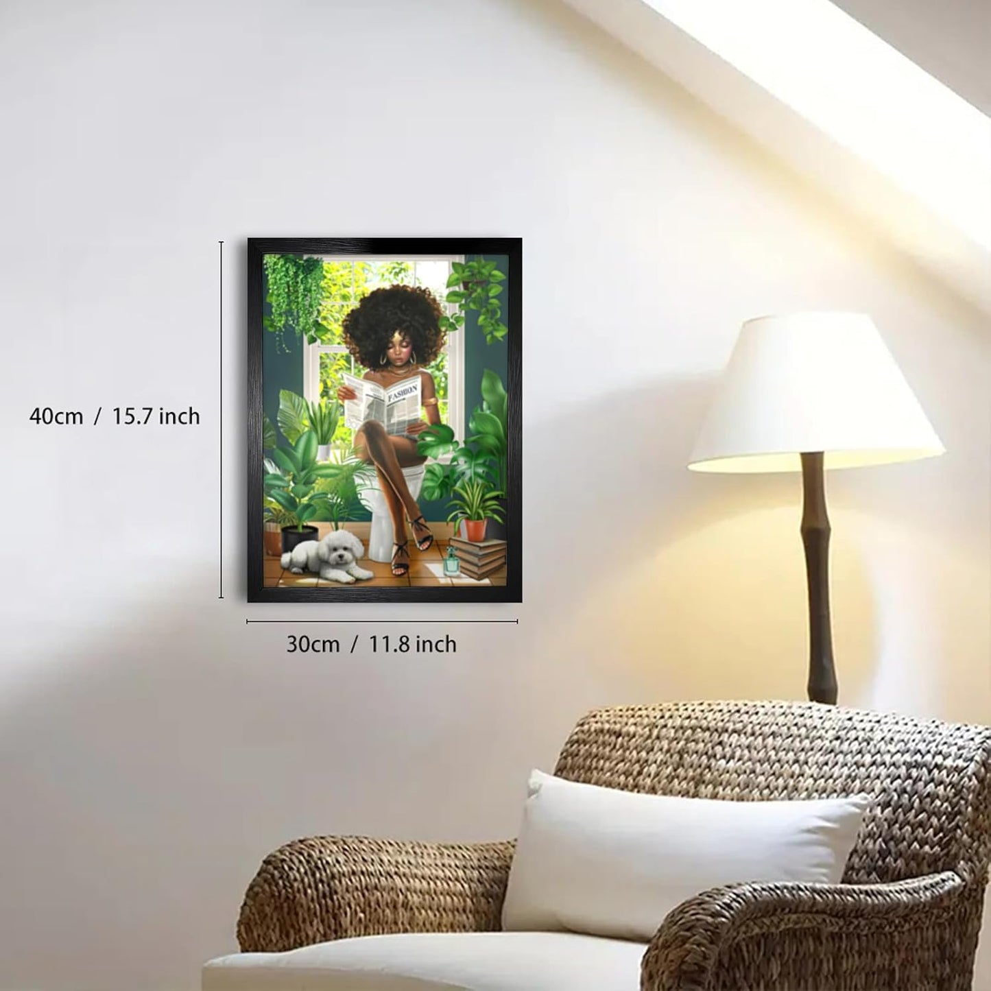 Framed African American Bathroom Decor Wall Art Green Botanical Black Girl Pictures Canvas Wall Decor Fashion Modern Black Woman Artwork For Bathroom Bedroom 12"x16"