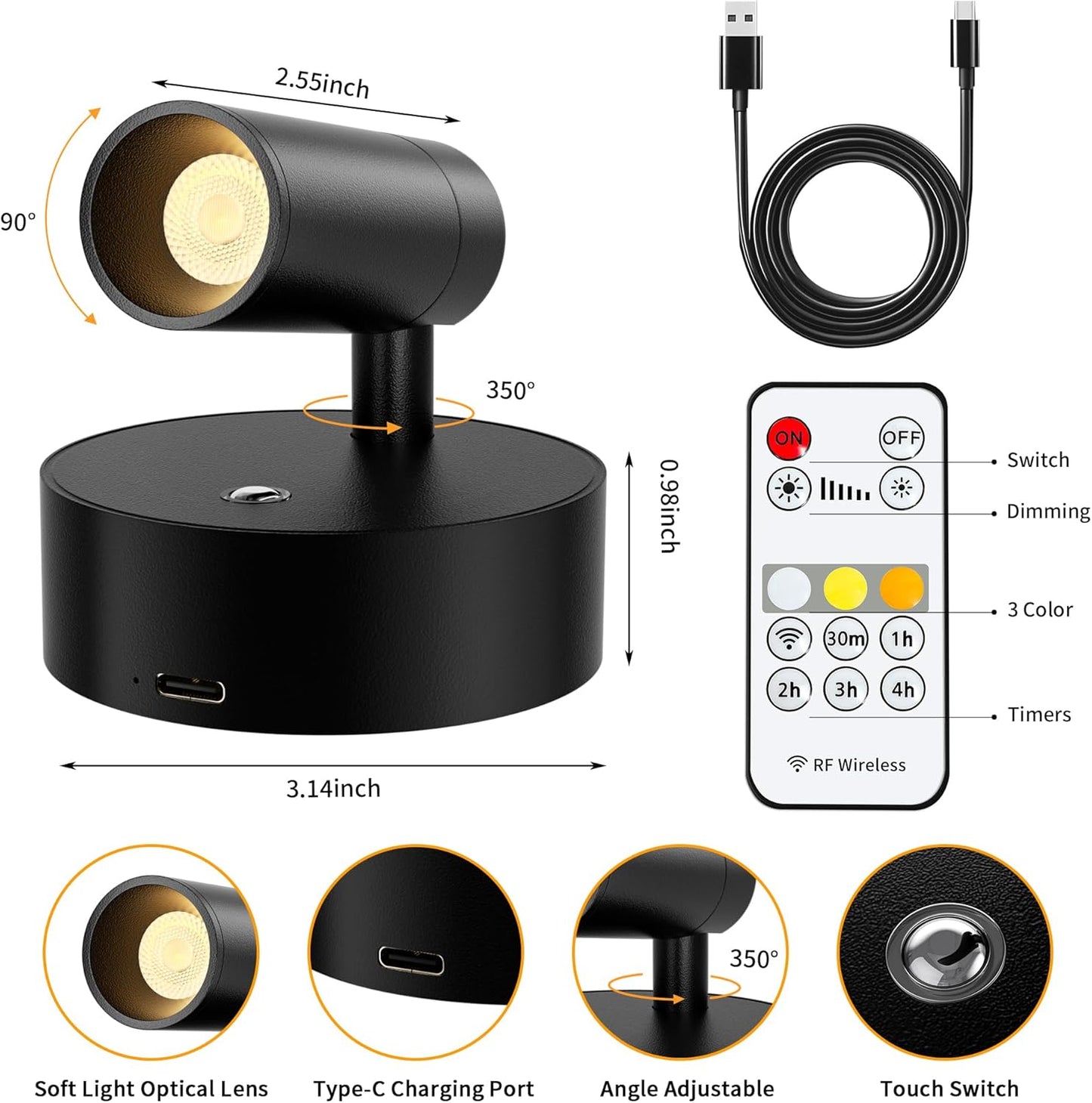 LED Rechargeable Spotlight Indoor, Battery Operated Spot Lights with Remote Control & Timer, Small Dimmable Wireless Wall Lamp Accent Lighting for Pictures Plant Artwork Reading Black 2 Pack