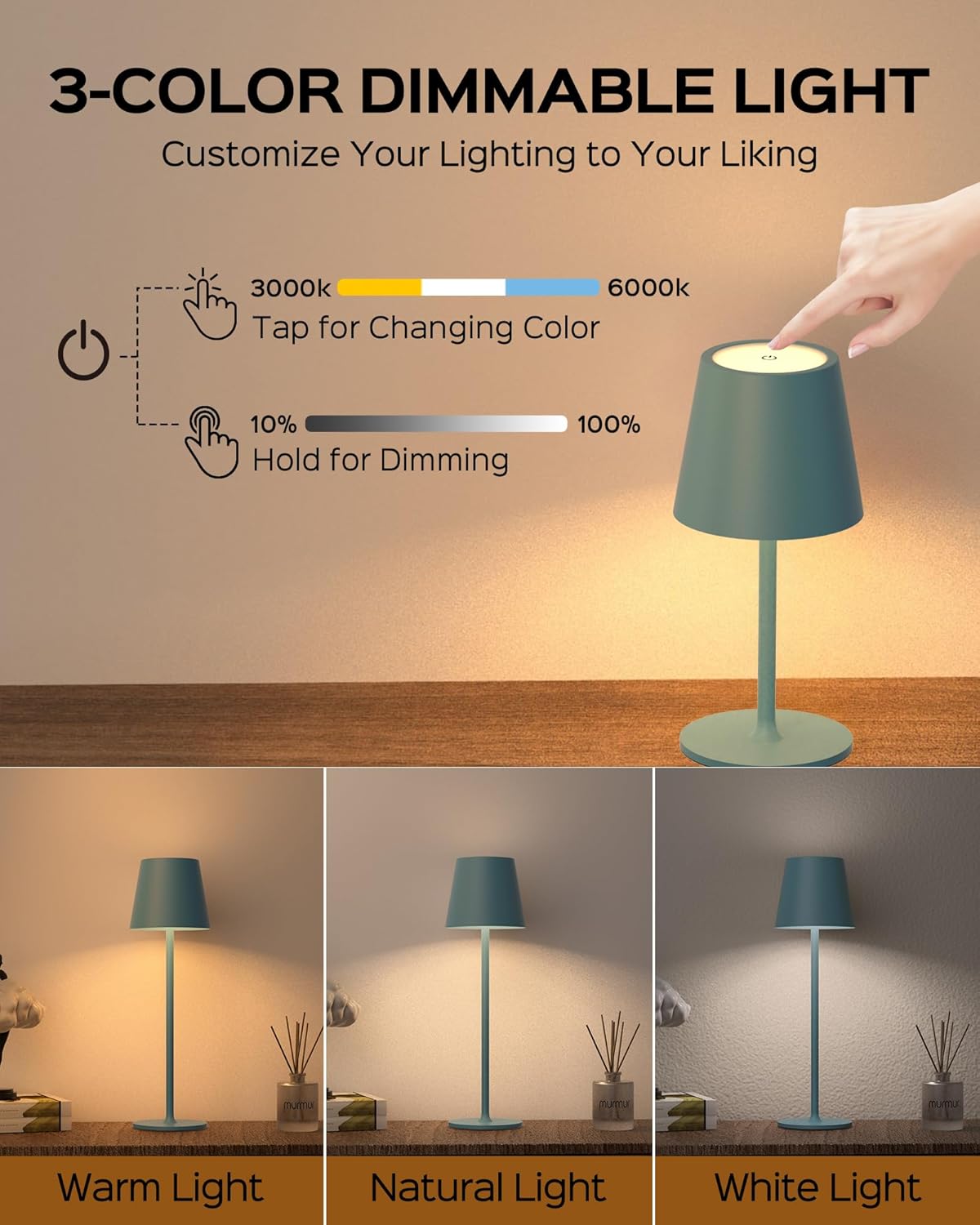 Cordless Table Lamps Rechargeable, 3 Adjustable Height, 5000mAh Battery Operated, 3 Colors Smooth Dimming, Portable LED Waterproof Table Lamp for Kitchen, Bedroom, Outdoor (2 Pack-Lake Blue)