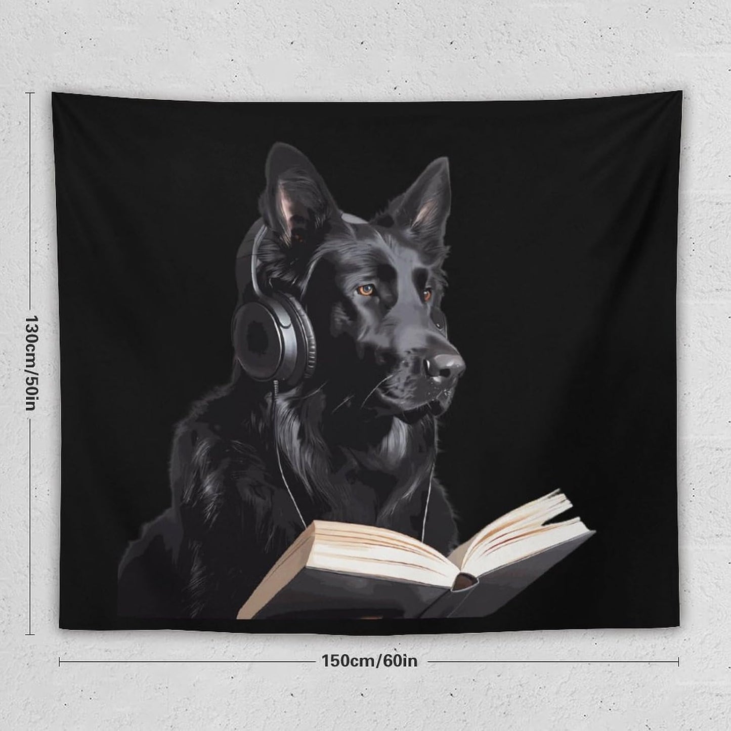 German Shepherd Wearing Headphones Reading Tapestry Photography Backdrop Wall Hanging Aesthetic Blanket Living Room Bedroom Decor Picnic Beach Mat