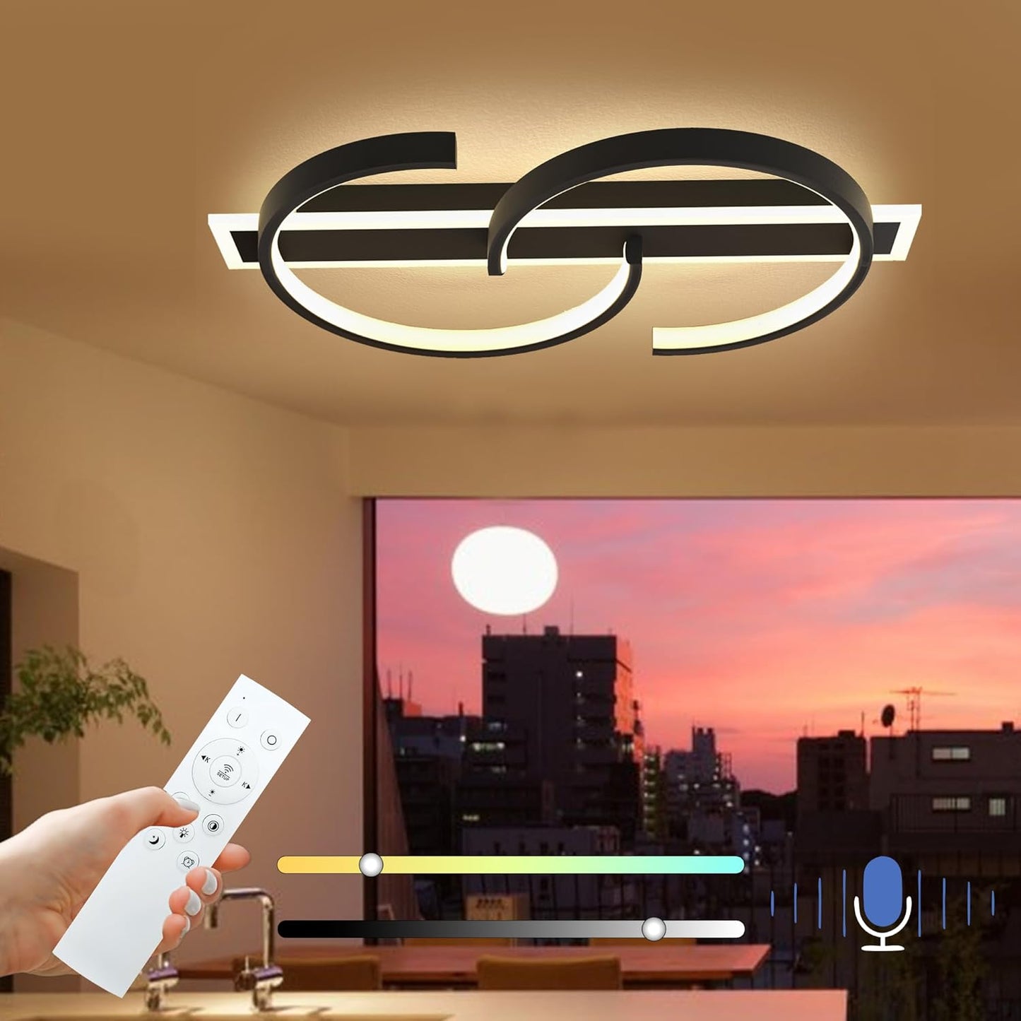 23.6" LED Ceiling Light, 2-Ring Modern Flush Mount Light, 55W Matte Black, Dimmable 3000–6000K, with Remote and Voice Control, Ceiling Light Fixture for Bedroom, Living Room, Dining Room