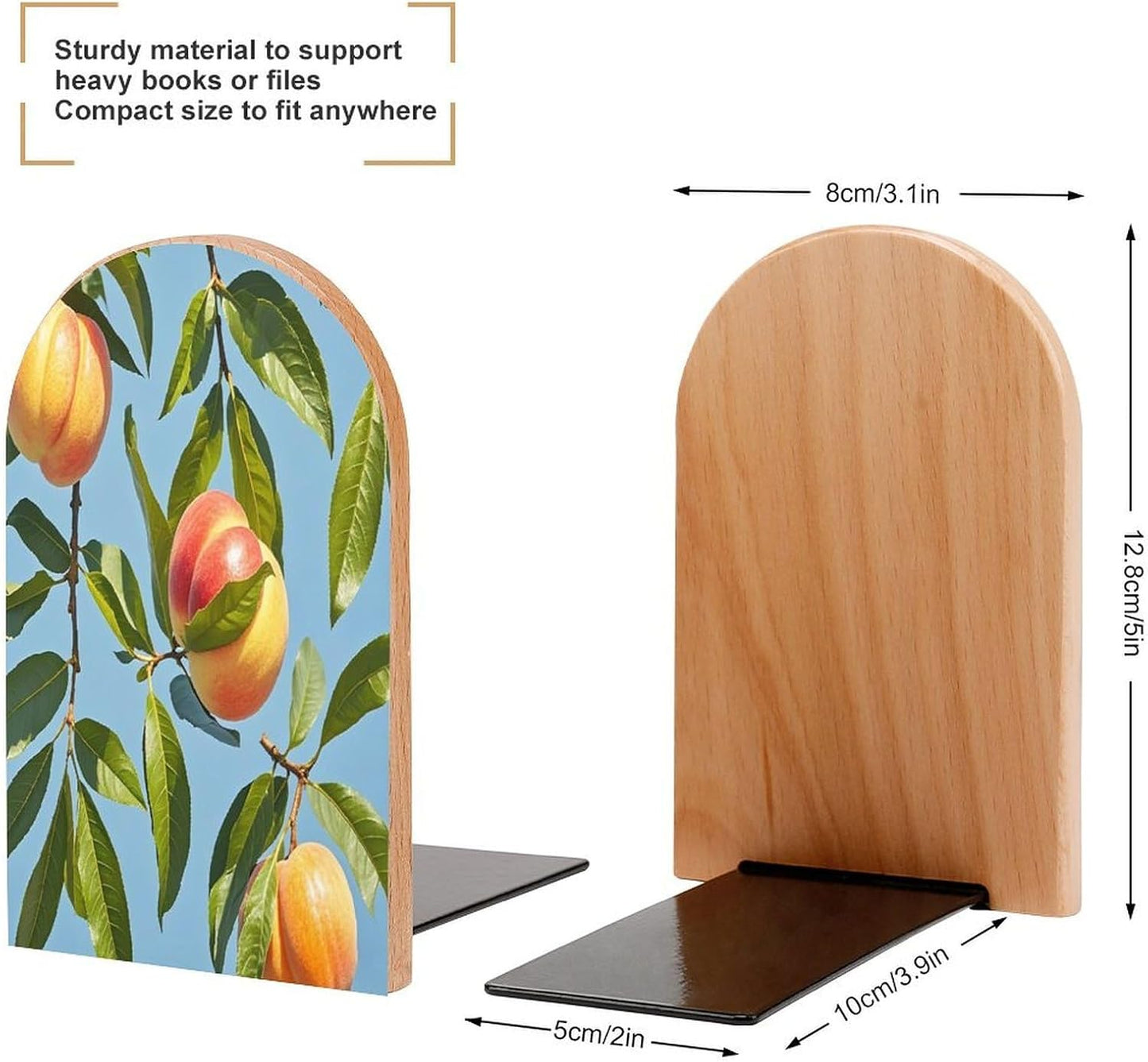 with Peach Leaves Bookends 1 Pair Heavy Duty Book Ends for Shelves Non-Skid Bookend Supports Wooden Book Holders with Metal Base Desk Organizers Books Storage to Hold Books