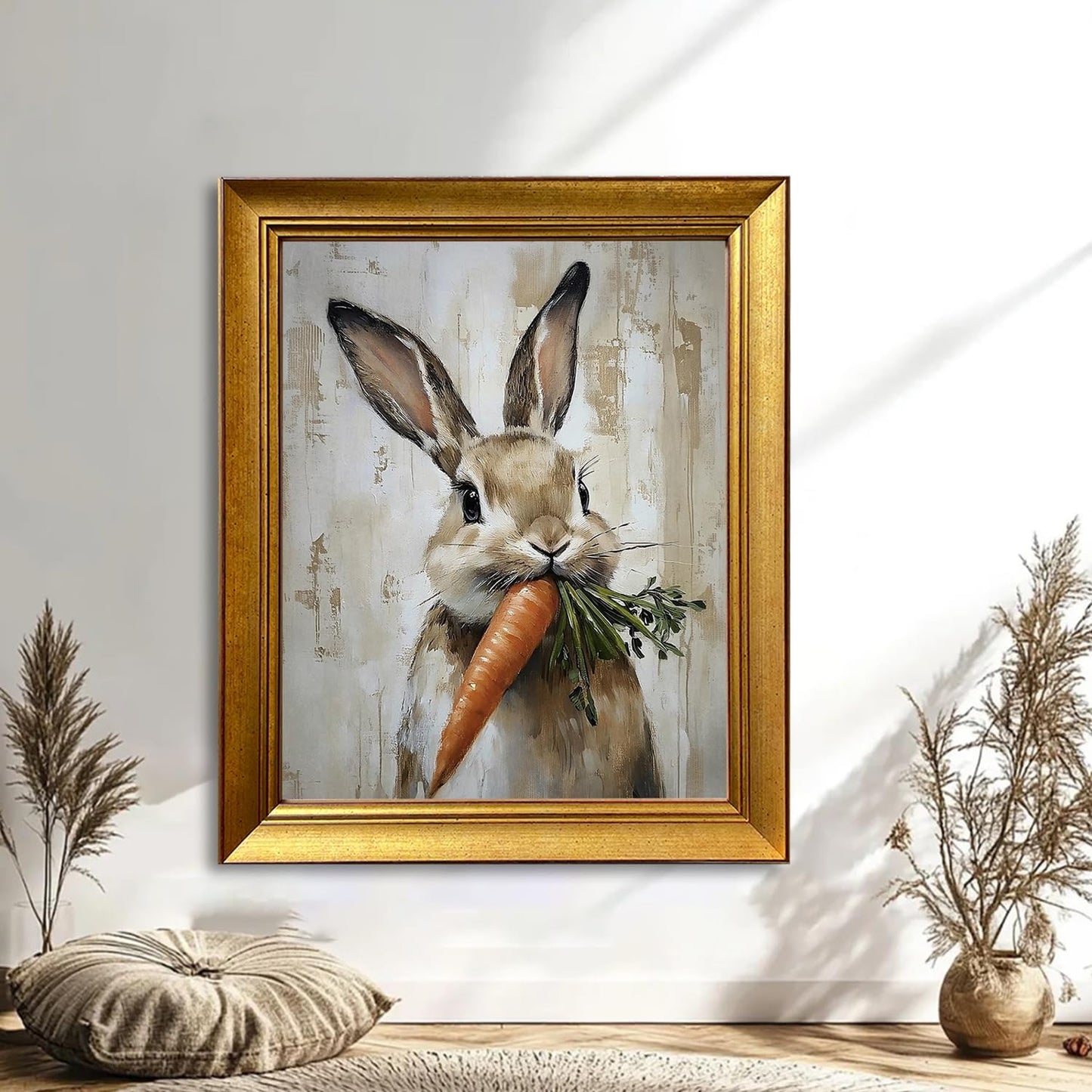 Cute Easter Bunny Reading Book Oil Painting Vintage Gold Framed Wall Art Tiny Rabbig Big Glasses Canvas Print Spring Nursery Decor for Kids Room Study Room Bedroom