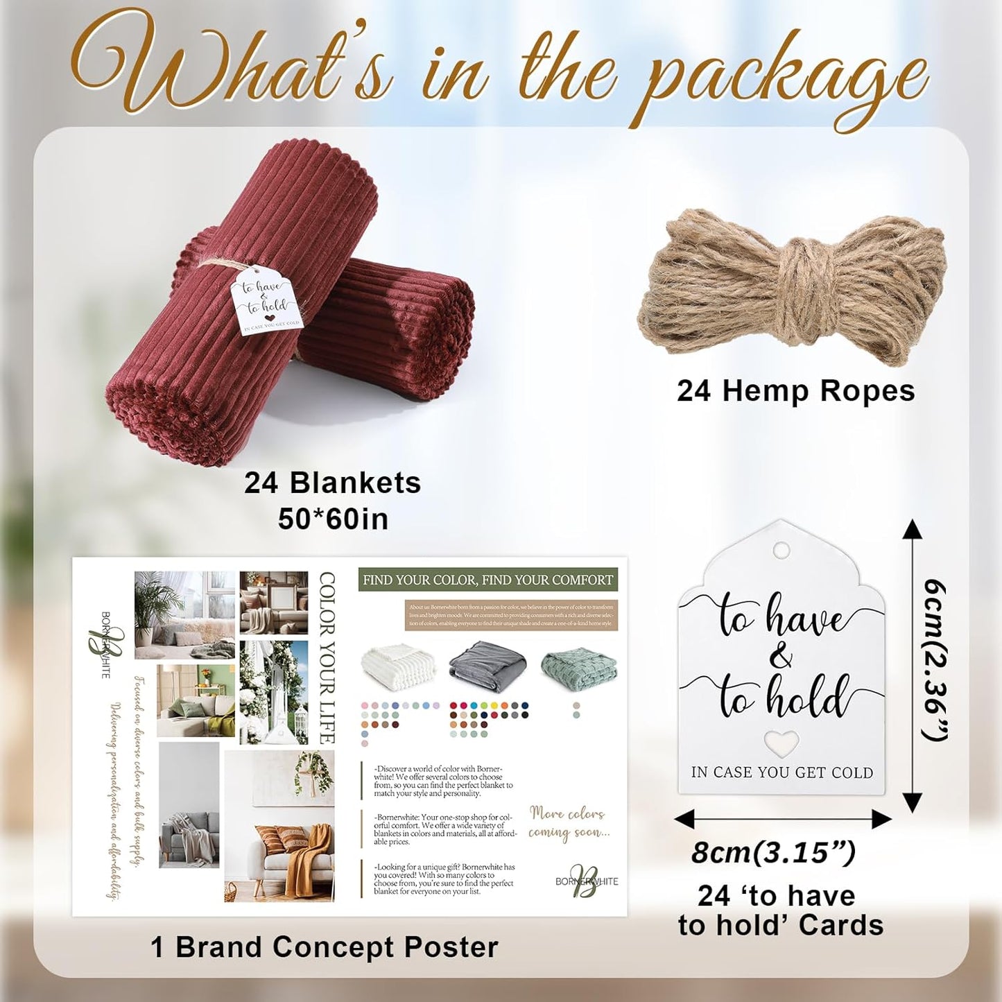 24 Pcs Burgundy Wedding Flannel Throw Blanket Bulk 50 x 60 Inch with to Have to Hold Card Striped Ribbed Soft Throw Blanket Lightweight Blankets for All Seasons Wedding Gifts Sofa Room(Burgundy)