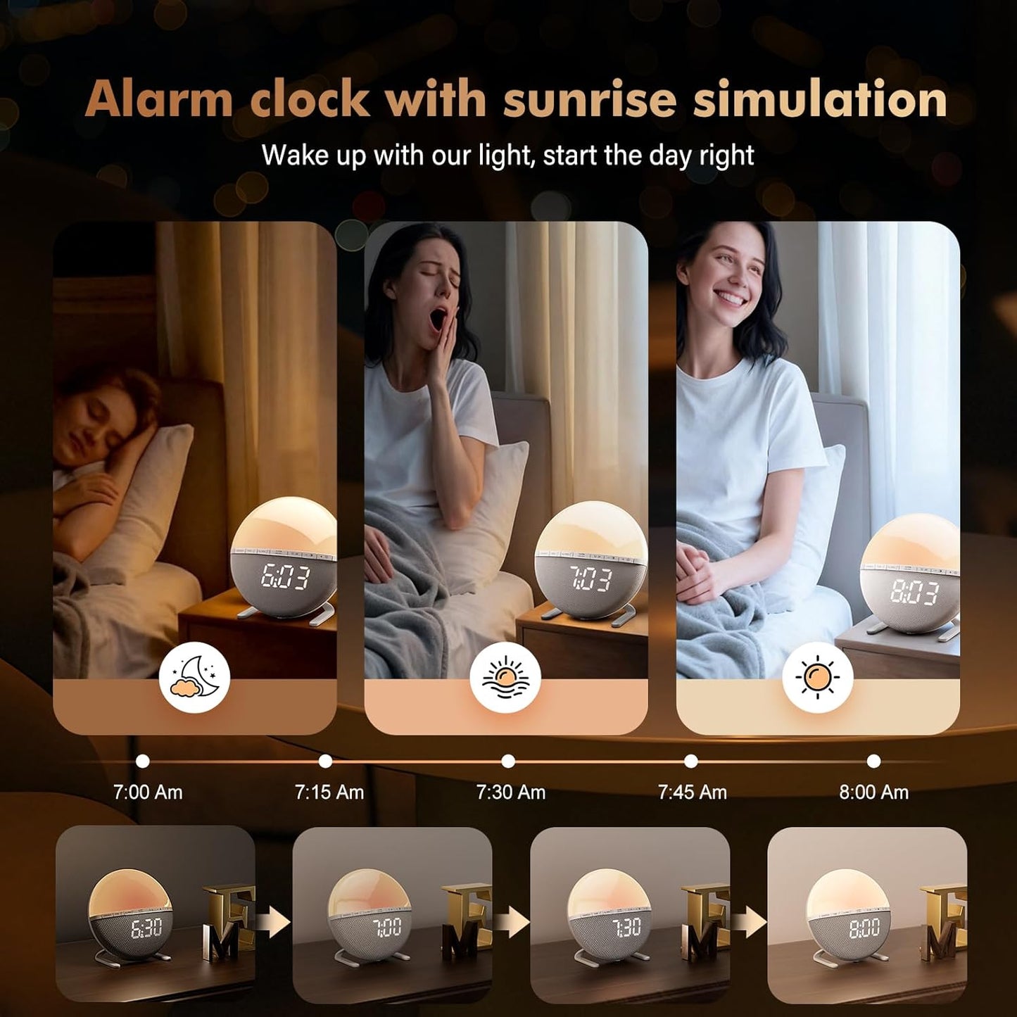 Sunrise Alarm Clock for Bedrooms – Gentle Wake Up Light with Soothing Night Light & Ambient Sounds, Alarm Clock for Heavy Sleepers, Shift Workers, Kids & Adult, Relaxing Bedside Lamp Gift