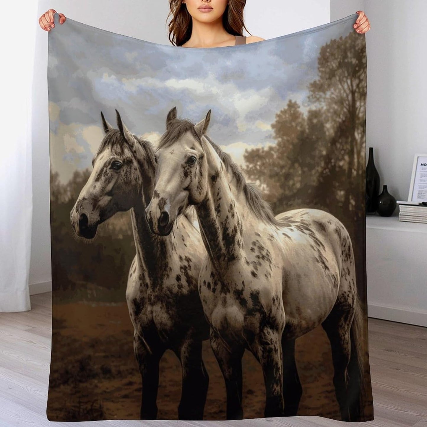 Two Horse Throw Blanket for Couch Super Soft Warm Lightweight Throw Blankets Cozy Flannel Bed Blanket Cute Decorative Blankets for All Seasons Home Decor Gift 30"*40"（76 * 100cm）
