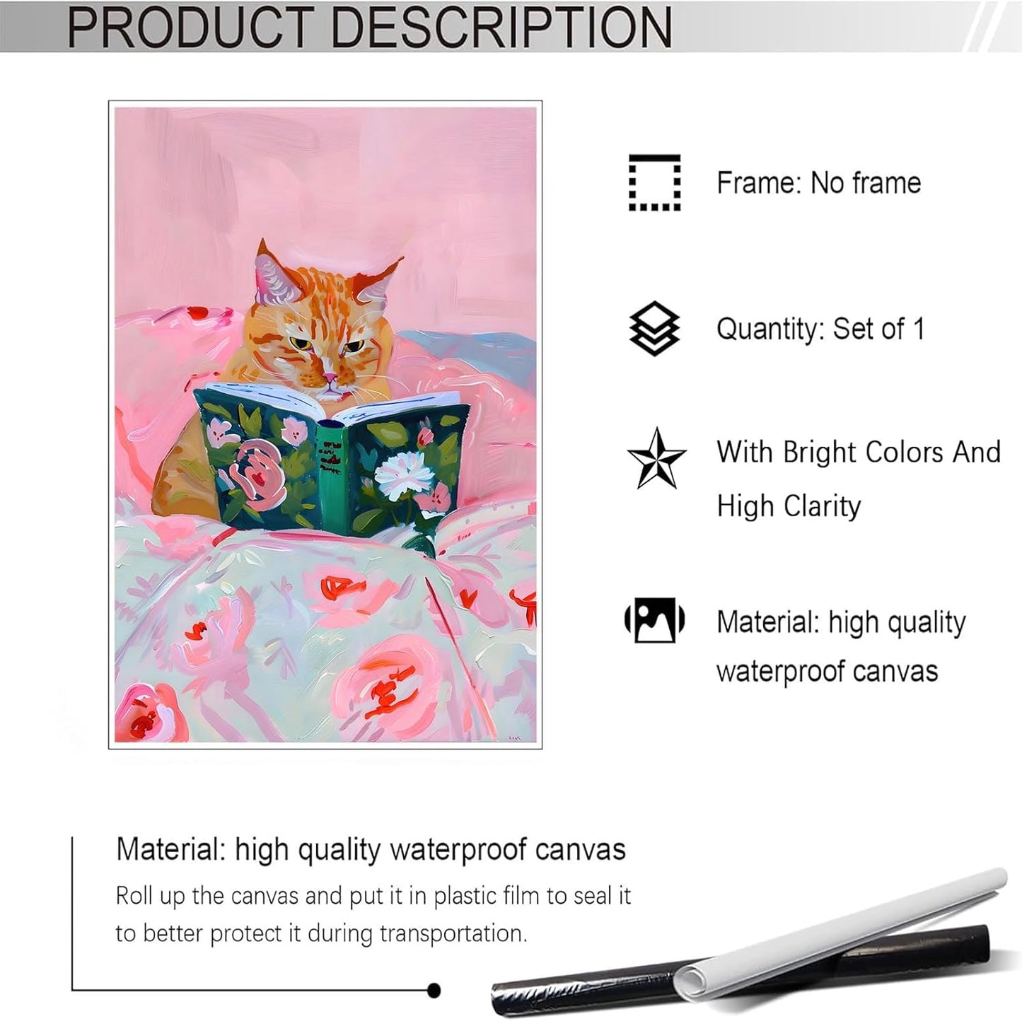 Trendy Orange Cat Posters Cute Minimalist Pink Flowers Pet Canvas Wall Art Funky Funny Animal Cat Is Reading Prints Painting For Home Bedroom Dorm Living Room Wall Decor 8x10 in Unframed