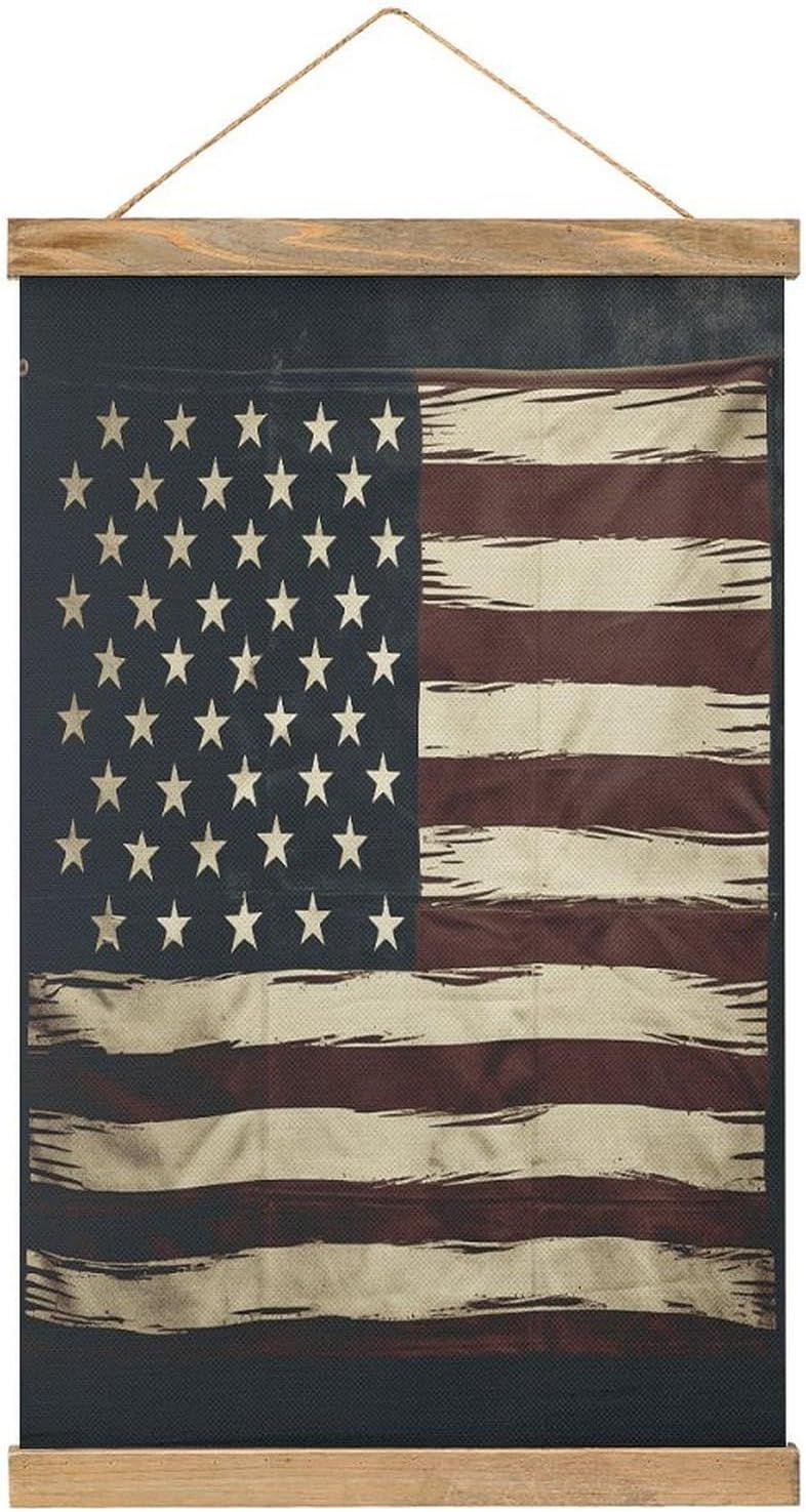 Vintage American Flag Poster with Wooden Frame Personalized Linen Hanging Scroll Painting Rustic Wall Hanging Illustrative Modern Artwork Decor for Home Living Room Bedroom Office