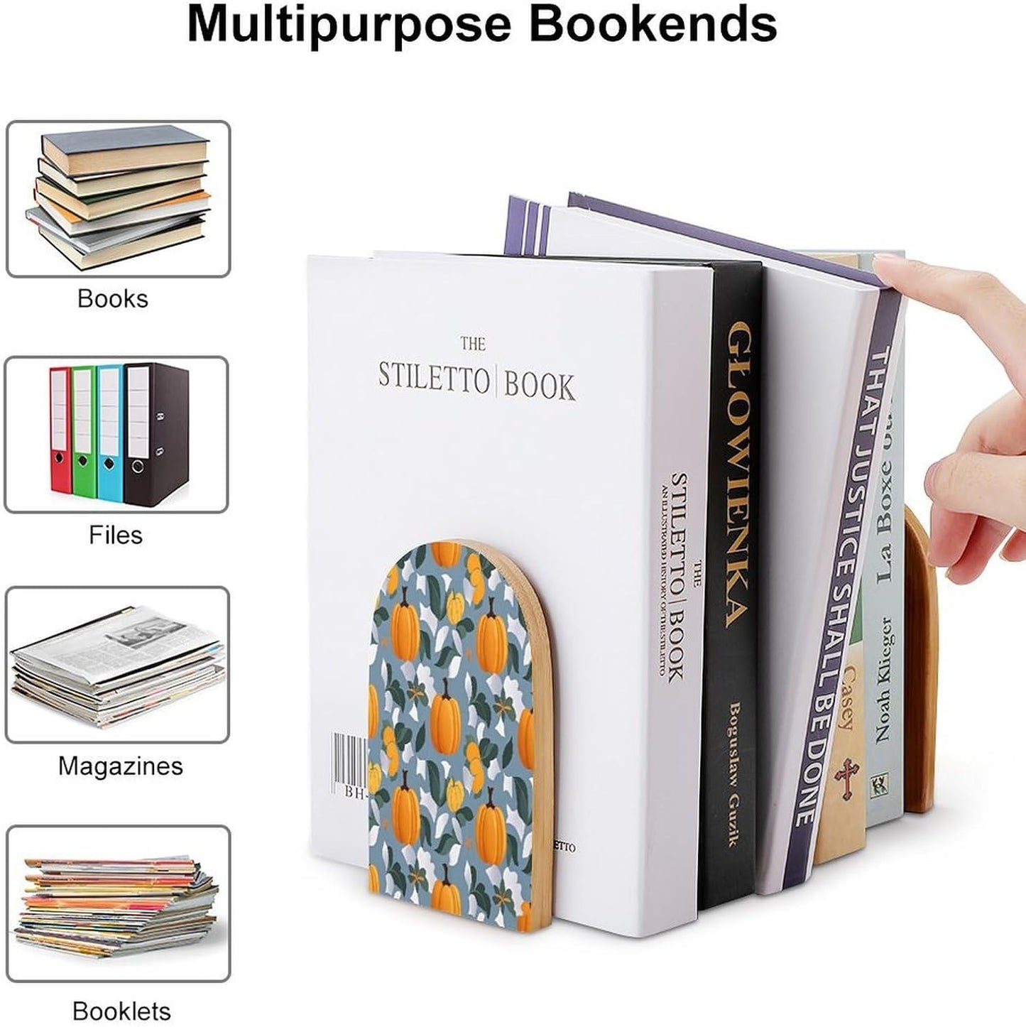 Orange Pumpkin Pattern Bookends 1 Pair Heavy Duty Book Ends for Shelves Non-Skid Bookend Supports Wooden Book Holders with Metal Base Desk Organizers Books Storage to Hold Books