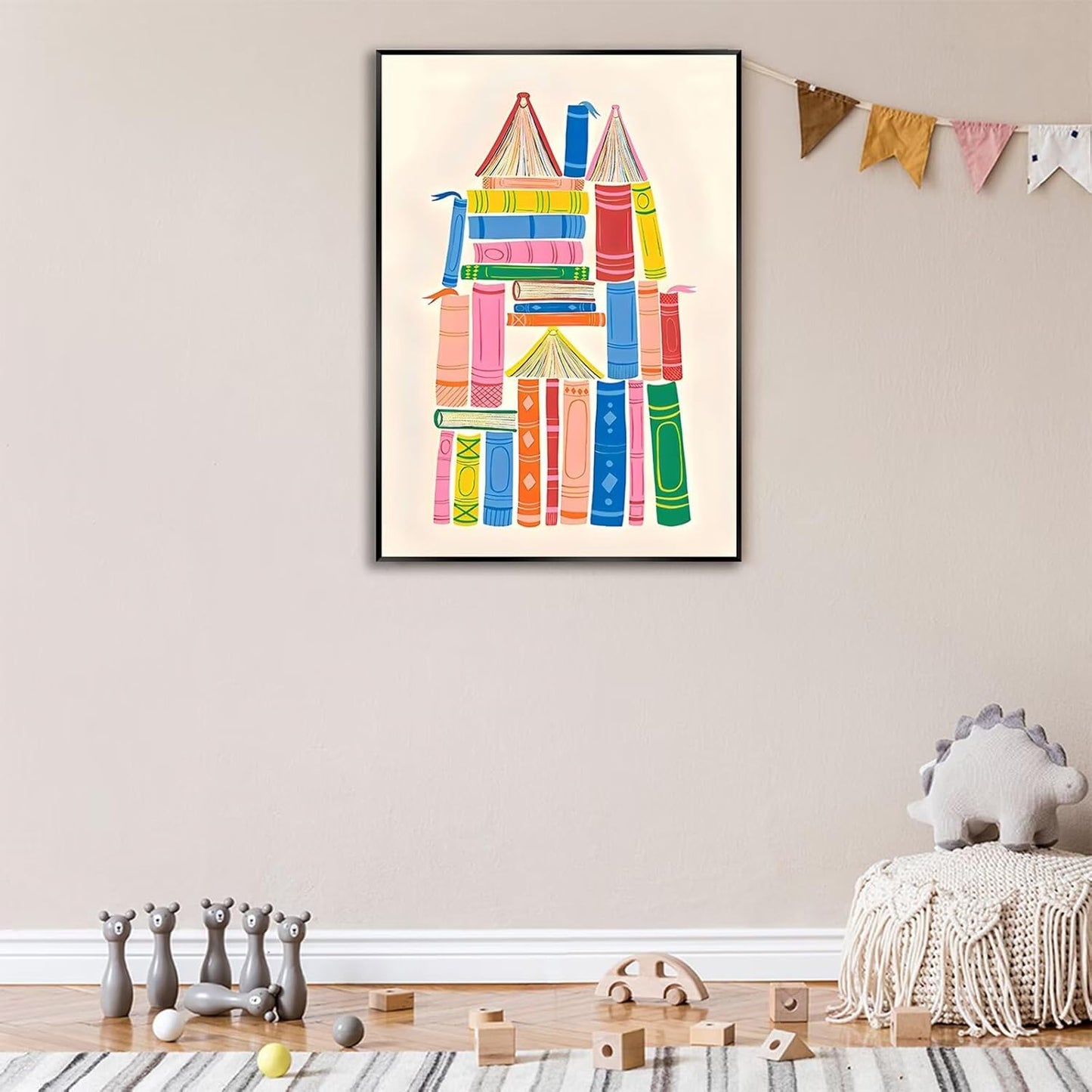Colorful Books Castle Wall Art Modern Cozy Nursery Reading Canvas Prints Vintage Playful Poster Painting Whimsical Literary Aesthetic Picture Decor for Living Room Bedroom 12x16inch Unframed