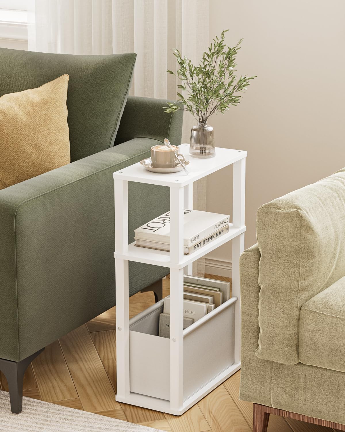 Narrow Wood Side Table, 3-Tier Night Stand with Storage Bag, Skinny Nightstand for Small Spaces, Bedside Table for Living Room, Bedroom, White