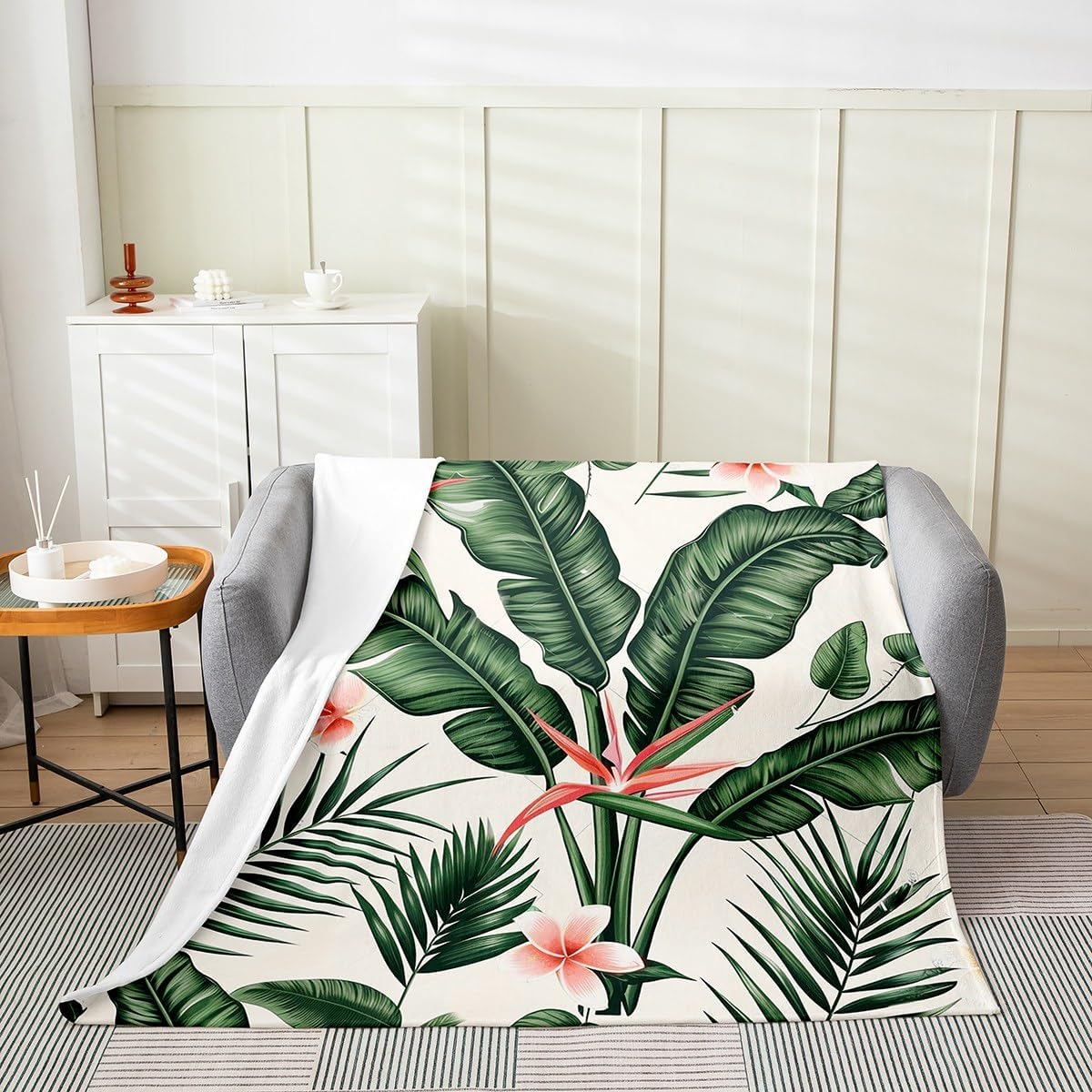 Feelyou Tropical Palm Leaves All Season Bed Blanket Nature Theme Floral Flower Leaf Pattern Flannel Fleece Throw Blanket for Sofa Couch Botanical Leaf Green Fuzzy Blanket Queen 90"x90"