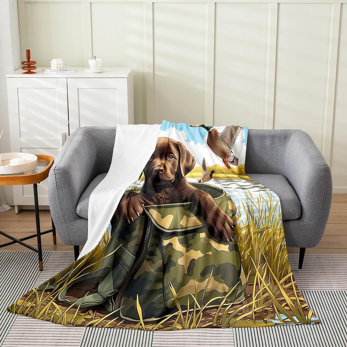 Castle Fairy Hunting Theme Puppy Flannel Blanket,Green Camouflage Bag Fleece Blanket for Room Decor,Wild Duck and Dog Throw Blanket for Sofa Couch,50"x60"