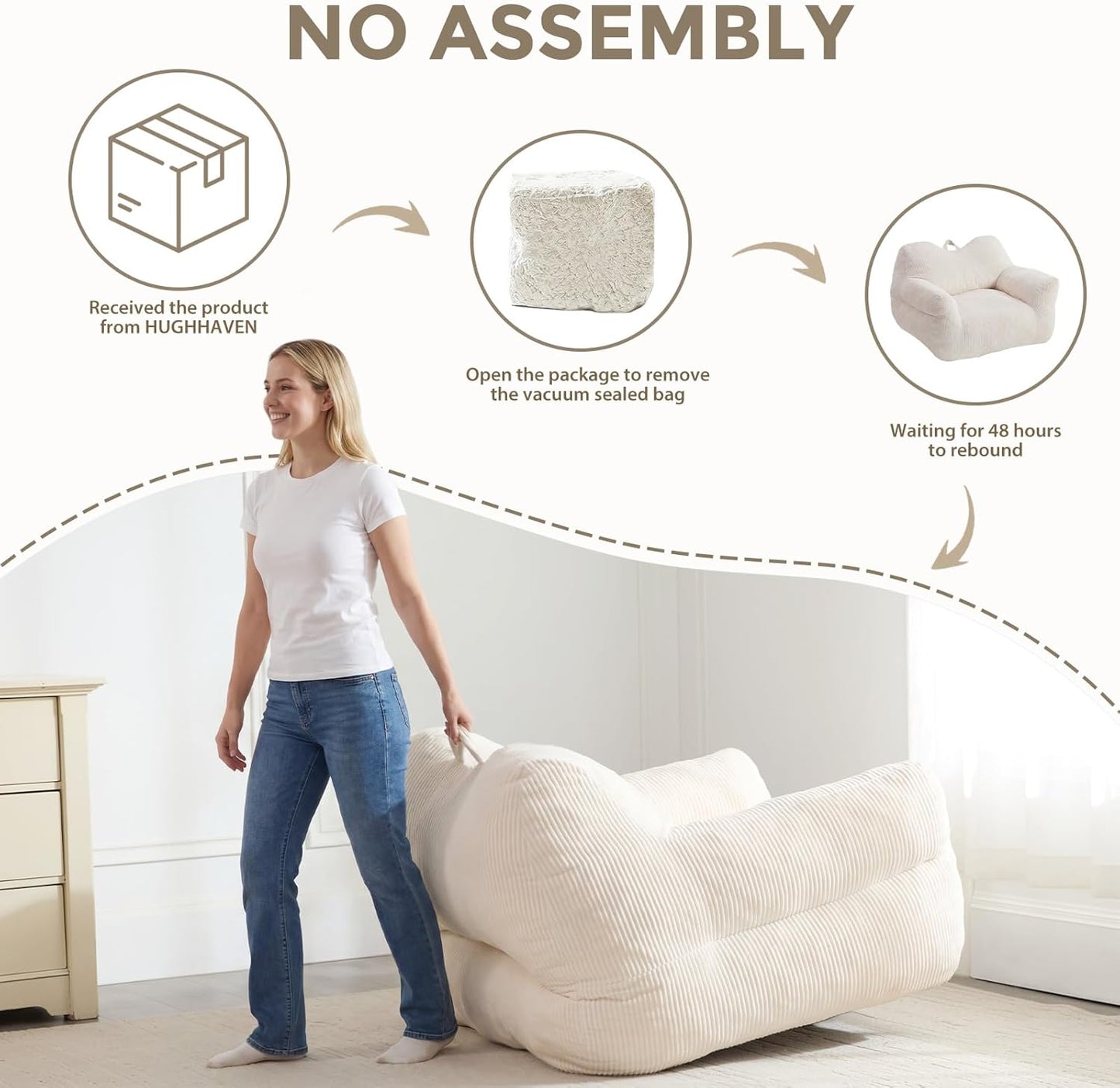 Big Bean Bag Chair for Adults & Kids, Giant Oversized Bean Bag Couch, Comfy Reading Chair with Armrests, Soft Cozy Chair for Bedroom, Lounge Sofa for Gaming, Napping & Relaxing, Beige