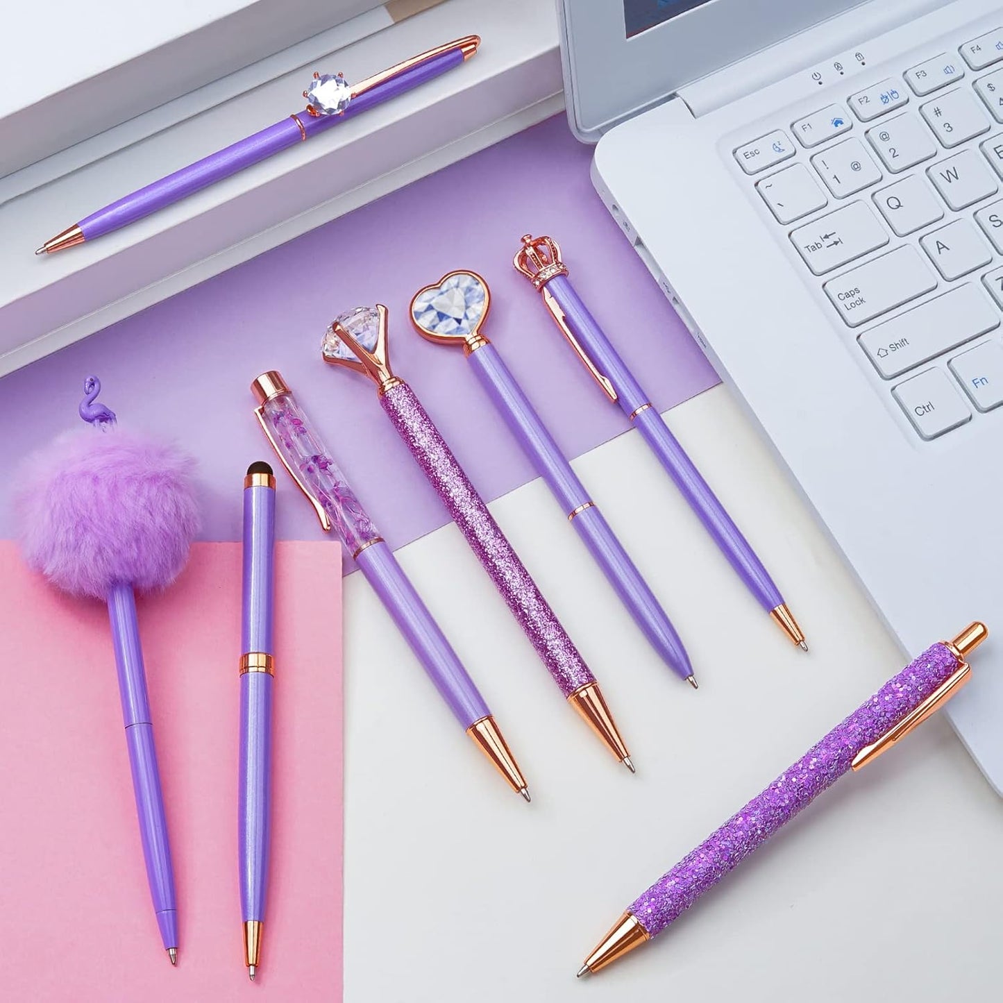 WEMATE 8Pcs Purple Pens, Metal Crystal Diamond Pen with Black & Blue Ink, Pens for Journaling, Office Supplies Fancy Pens for Women, Back to School Supplies for Girls Birthday (Purple)