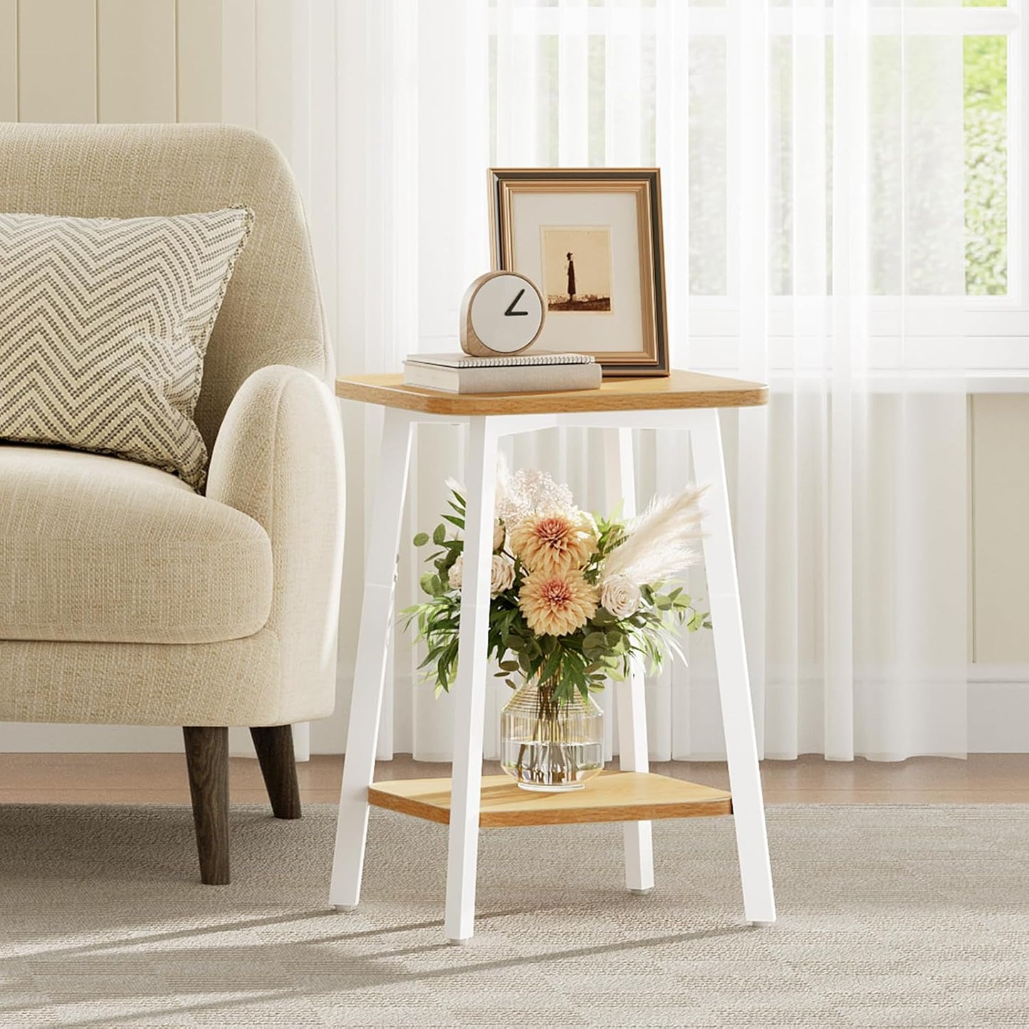 Side Table, Small Rectangular End Table with Storage Shelf, 2-Tier Bedside Table Sofa Couch Table, Nightstand for Small Spaces, Living Room, Bedroom, Natural ETBN4701