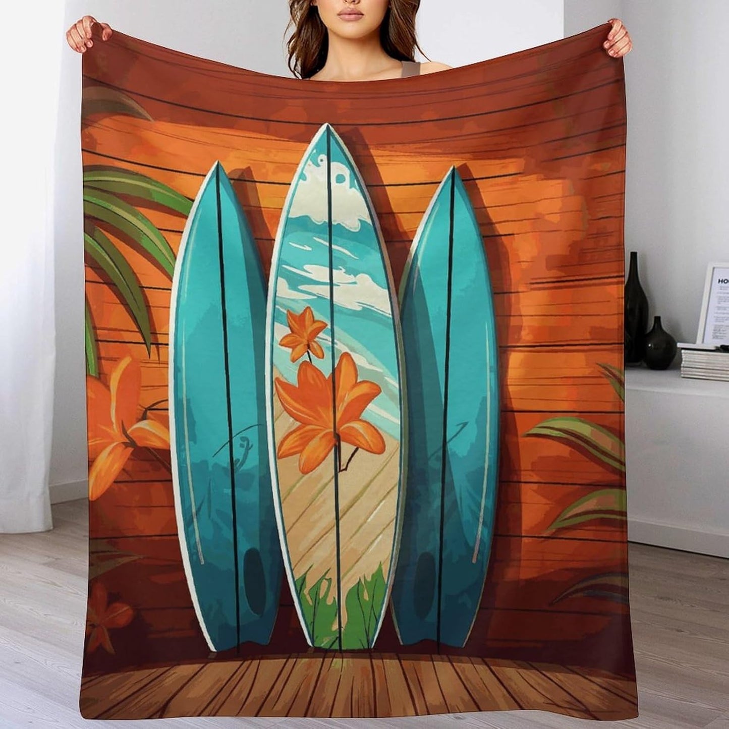 Surfboard on Wooden Blanket Super Soft Lightweight Throw Blanket Cute Cozy Warm Bed Blanket Decorative Fuzzy Blanket All-Season Home Decor Gift for Sofa Couch Living Room 30"*40"（76 * 100cm）