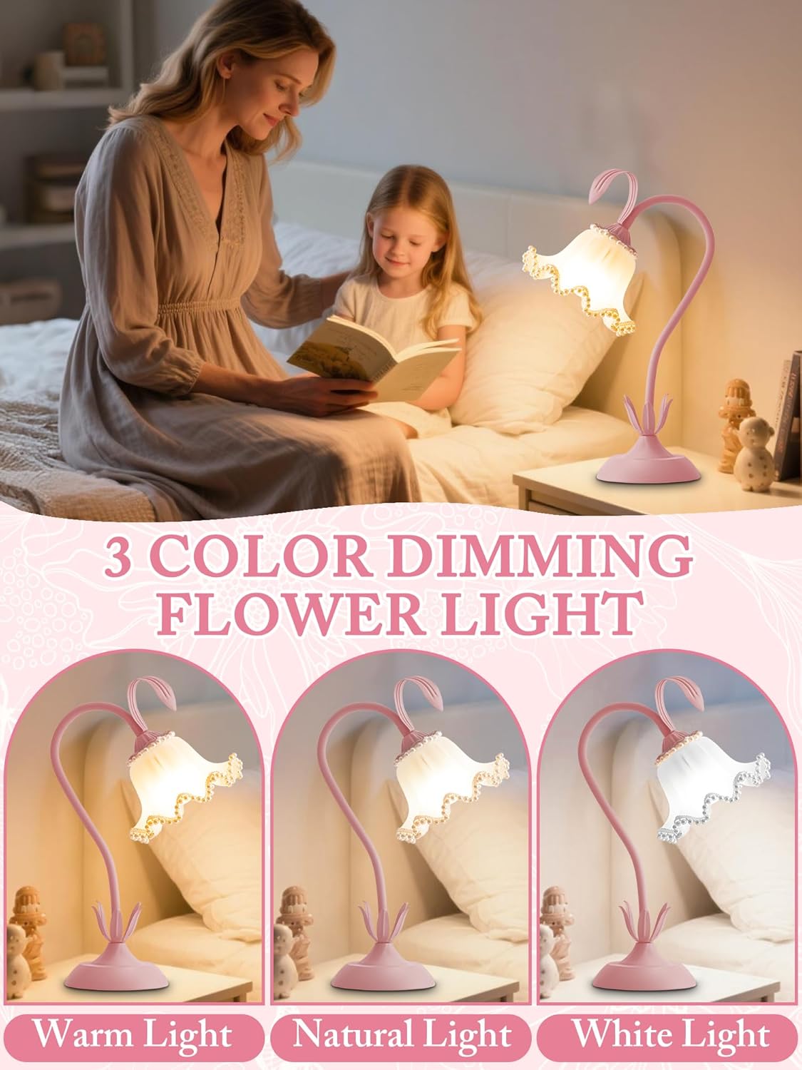 Flower Table Lamp,LED Reading Light Bedside Vintage Flower Night Light,3 Colors Modes Kawaii Bedside Lamps Decor,Living Room Bedroom Room Lighting Table Lamps Home Decoration (Pink Pearls)