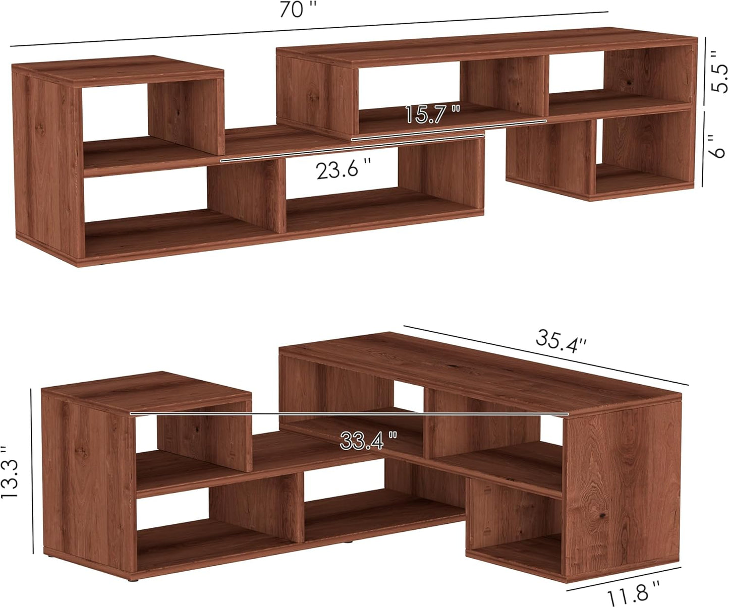 2-Piece Bookshelf TV Stand, L-Shaped Entertainment Center for 45–70" TVs, Cube TV Stand, Media Console Table with Storage Cubes, Open Storage Bookcase for Living Room, Bedroom, Home Office