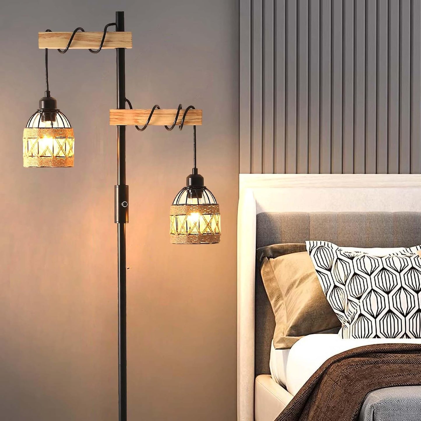 Dimmable Floor Lamp,Industrial Rustic Farmhouse Floor Lamp for Living Room Bedroom Office(Black)