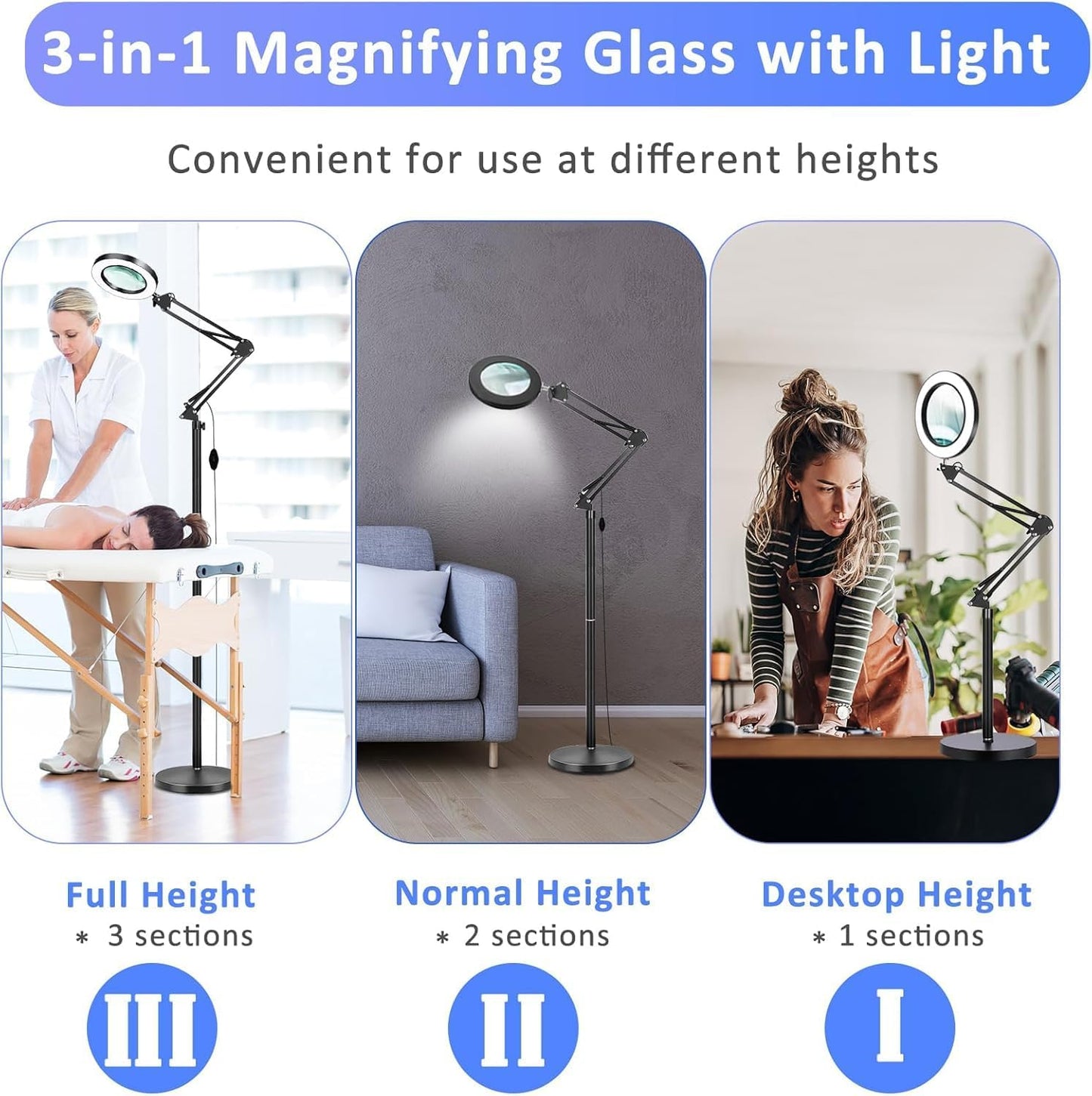 10X Large Floor Magnifying Glass with Light and Stand, 3-in-1 Adjustable Height Lighted Magnifier, 72 LED Floor Lamp 5 Color Stepless Dimmable Arm Swing Floor Magnifying Lamp for Reading