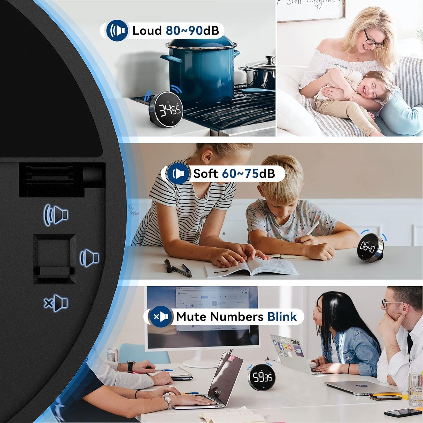 Digital Kitchen Timer, 3.8'' Large LED Display Countdown Countup Timer, Timer for Kids, Classroom Magnetic Timer, Adjustable Volume, Brightness, Easy for Cooking/Study/Office/Exercise (Smooth Knob)
