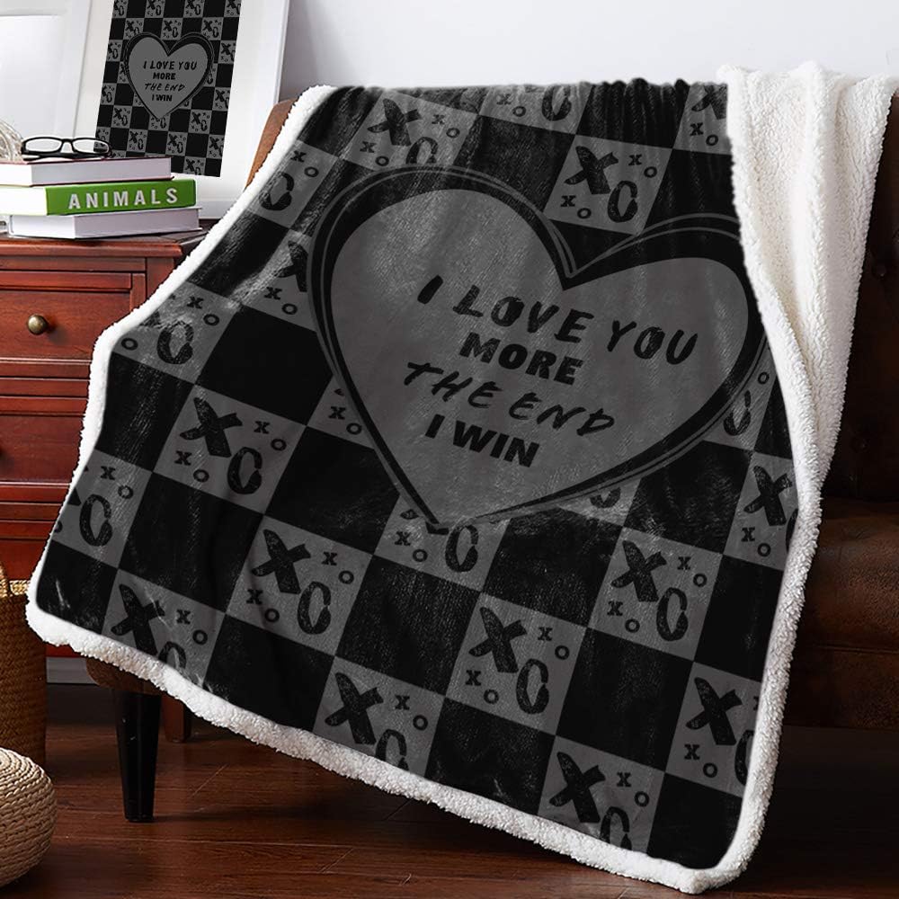 Sherpa Fleece Blanket Ultra Soft Throw Blanket - Valentine's Day I LOVE YOU MORE THE END I WIN Dark Grey - Fuzzy, Cozy, Shaggy, Warm - Reversible Microfiber Blanket for Bed Sofa Couch, 49 x 79 Inches