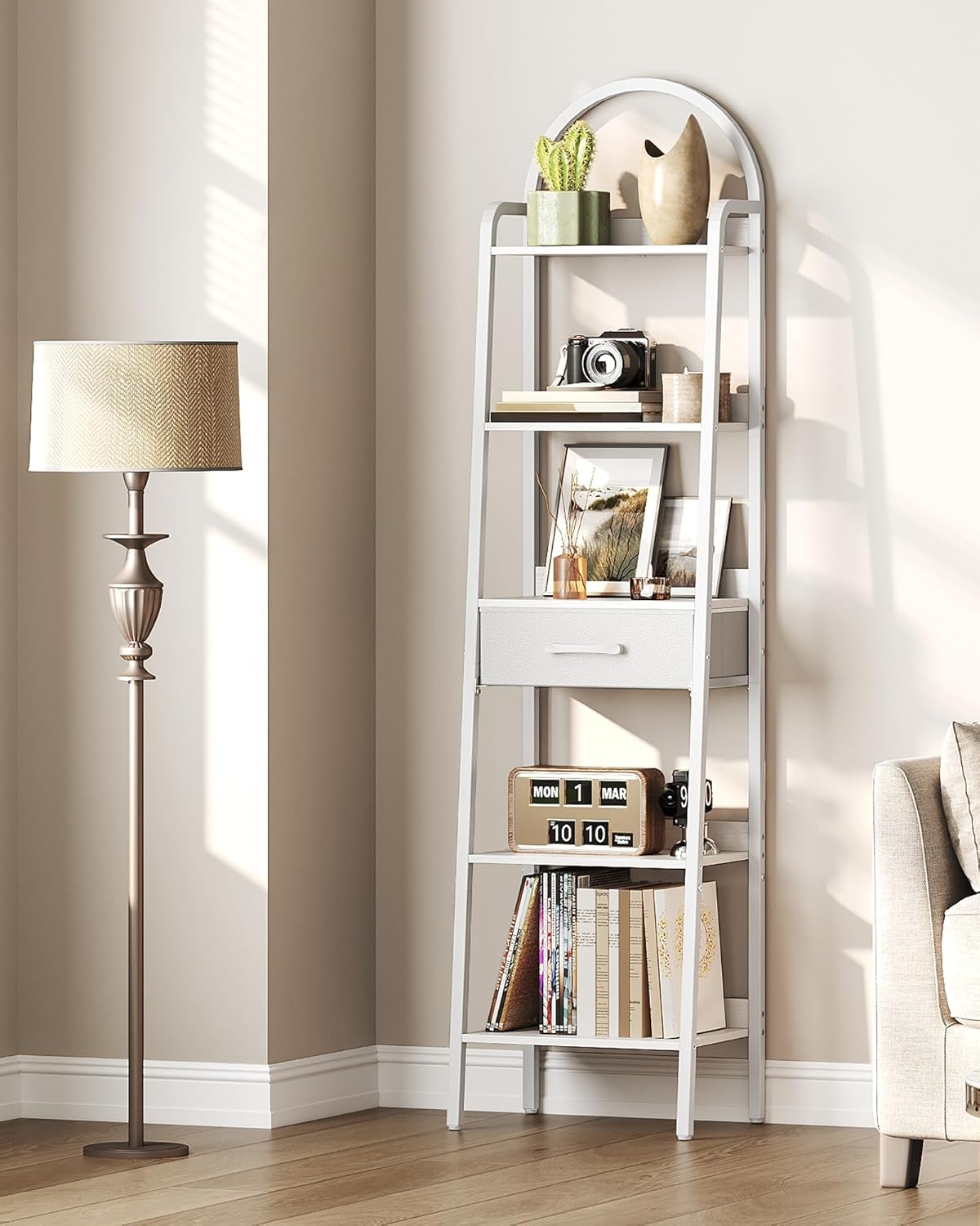 5 Tier Ladder Shelf with Drawer, Tall Ladder Bookshelf, Standing Bookcase with Metal Frame for Living Room, Bathroom, Home Office, Study, Balcony, White TCJ07WB