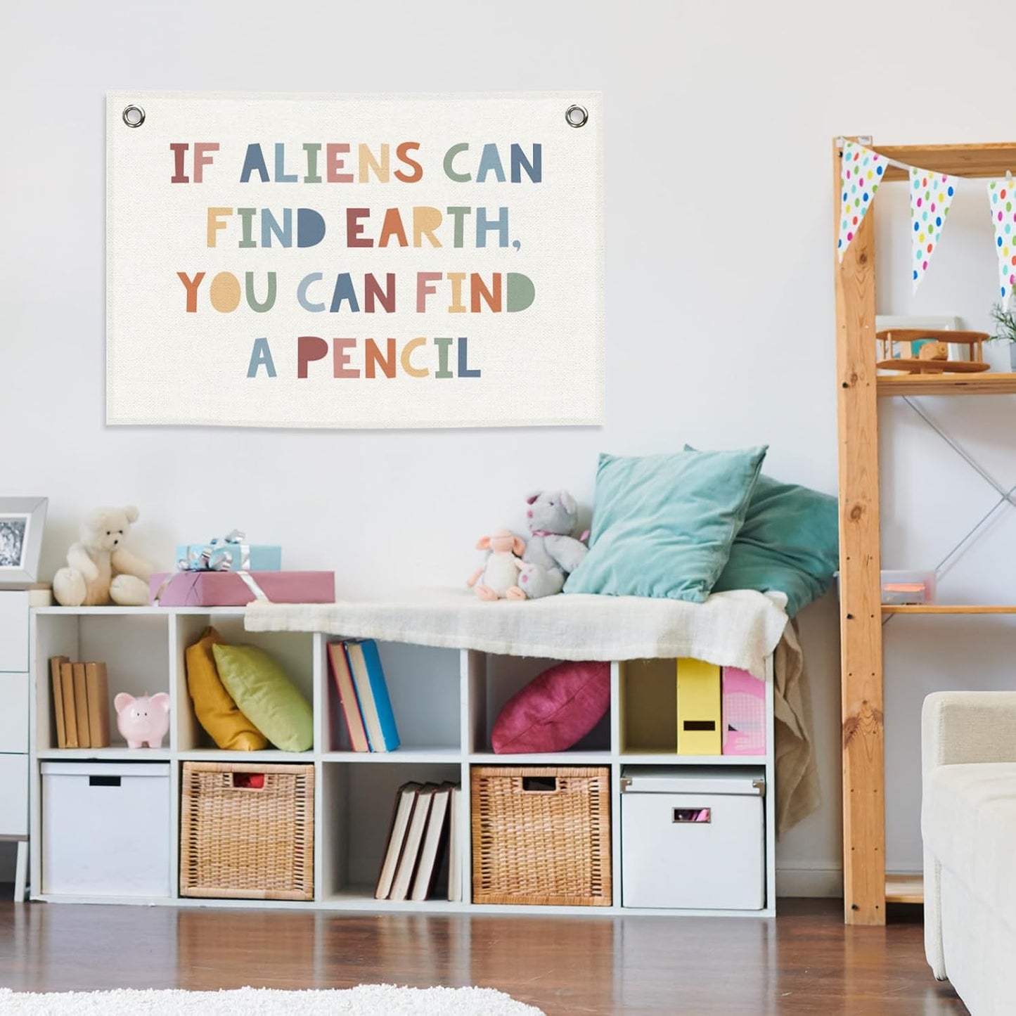 Funny Classroom Banner, Colorful Kids Room Decor, If Aliens Can Find Earth You Can Find A Pencil Sign, Nursery Canvas Flag Wall Hanging Decor Art for Playroom Toddler Room Preschool 20x30in