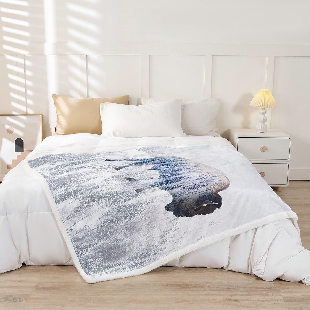 Feelyou Cute Buffalo Sherpa Blanket 40"x50" Wild American Bison Fleece Throw Blanket 3D Wild Animal Wildlife Snowfield Forest Winter Plush Blanket for Bed Sofa Couch Room Decor White Fuzzy Blanket