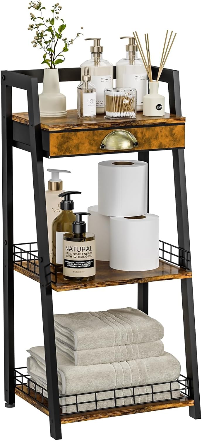 keomaisyto 3-Tier Bathroom Shelves with Canvas Drawer, Floor Bathroom Storage Shelf, Small Storage Stand Rack, Freestanding Ladder Shelf for Living Room Bedroom, Rustic Brown