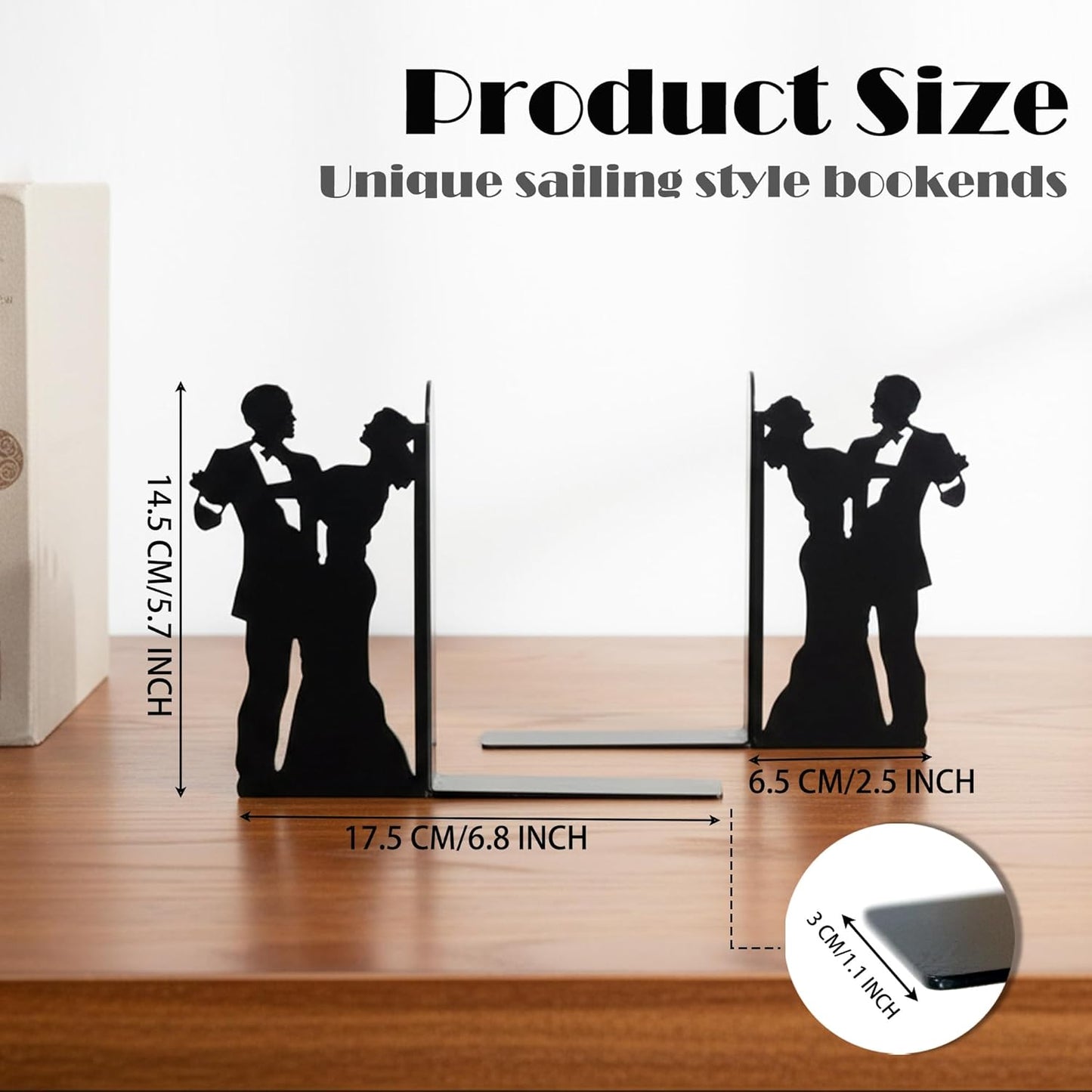 Modern Social Dance Metal Bookends for Shelves Decorative, Black Book Ends Nonskid Reading Stand Holder Home Decor Aesthetic for Office, Set of 2